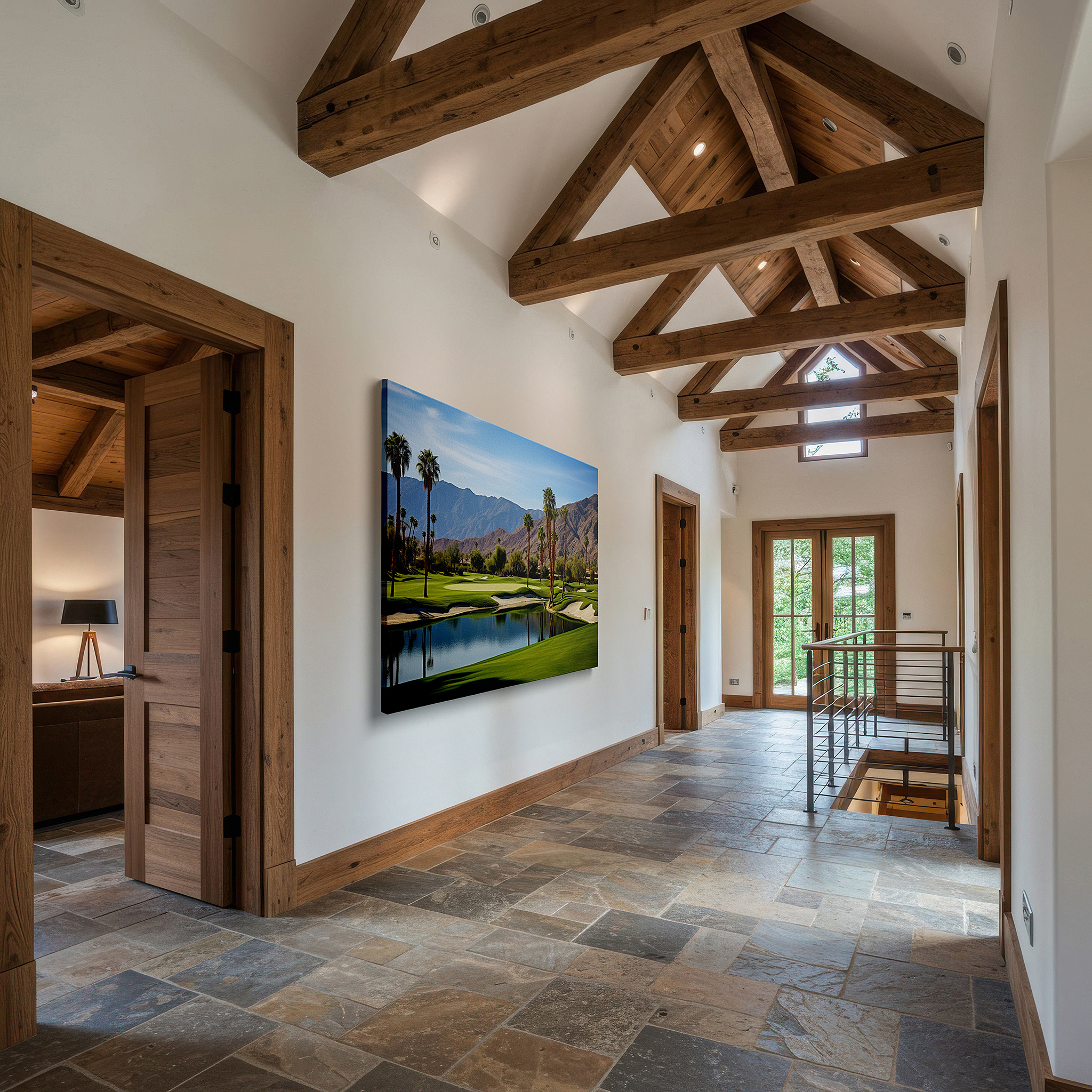 Gently illuminated by ambient lighting in an entryway — serene greens and active sports merge in a vibrant golf course oasis: large wall art, canvas wall art, wall decor for office and bedroom