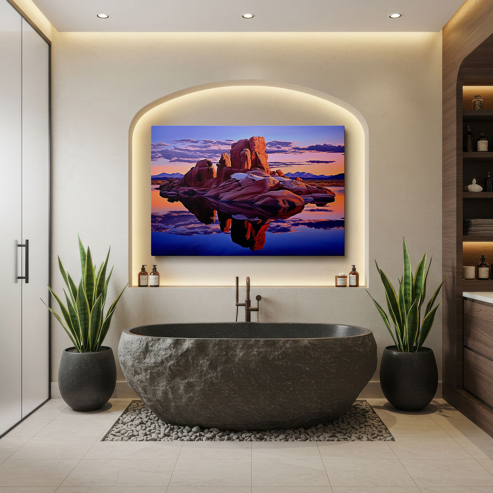 Gently illuminated by ambient lighting in an entryway — serene lake at majestic dusk with towering rock formations reflecting the sunset's glow - large canvas wall art for office decor