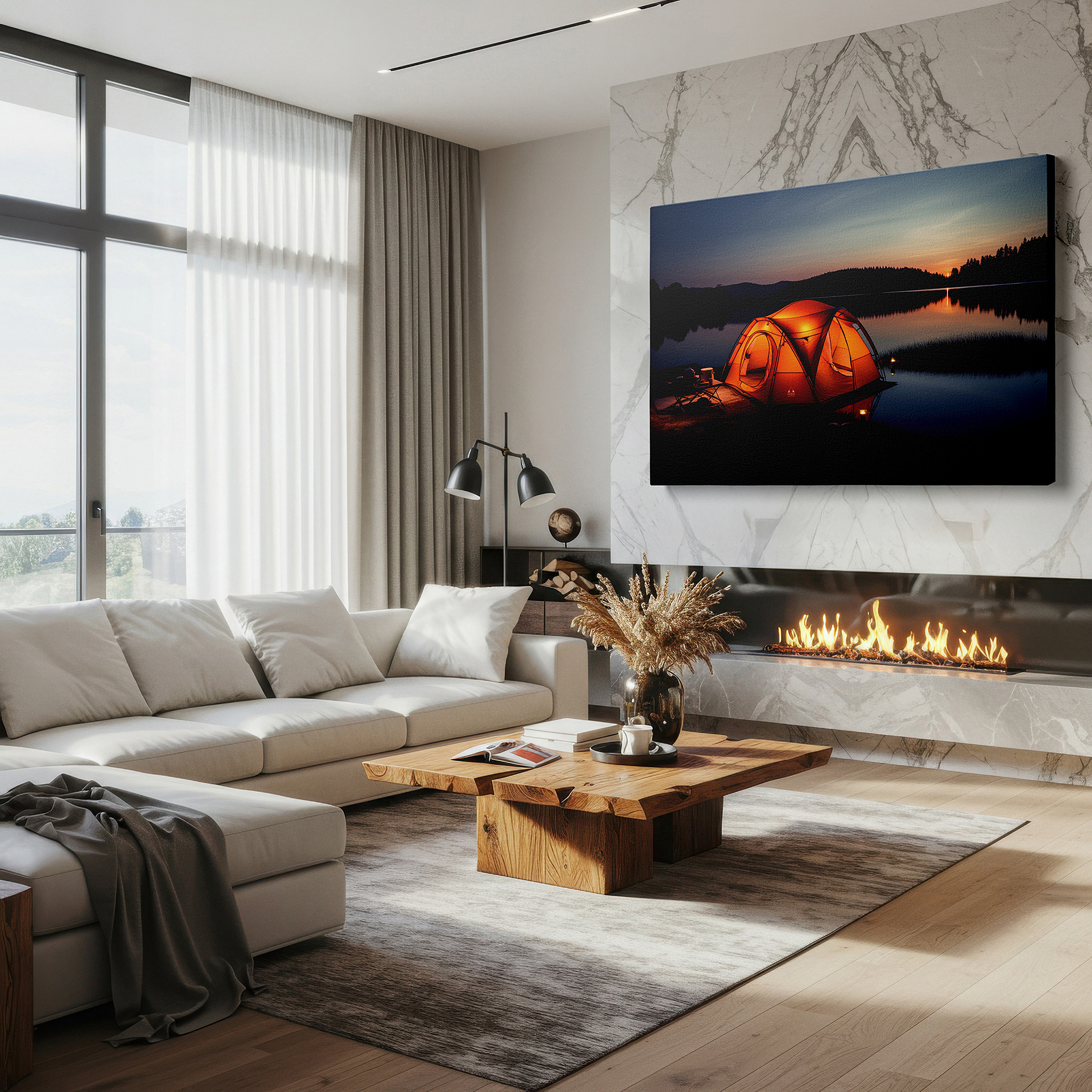 Gently illuminated by ambient lighting in an entryway — serene lakeside escape featuring a bright orange tent under twilight skies - large wall art, canvas wall art, wall decor for office and bedroom