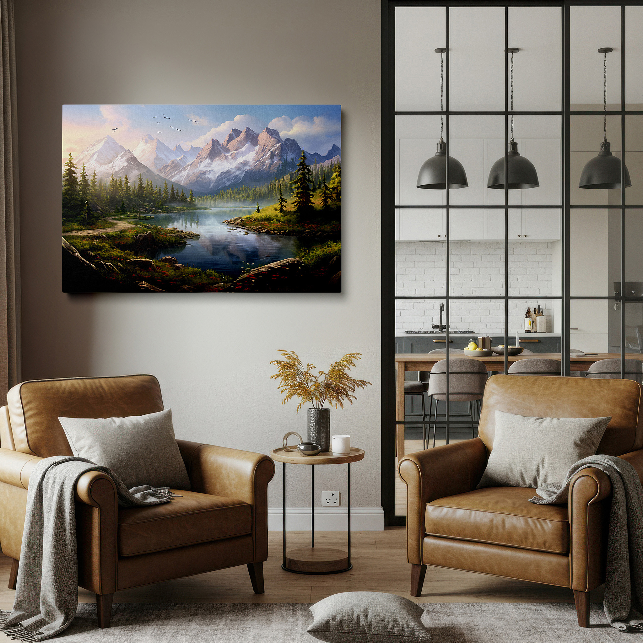 Gently illuminated by ambient lighting in an entryway — serene landscape with majestic mountains and tranquil lake reflections: large canvas wall art for office and bedroom decor