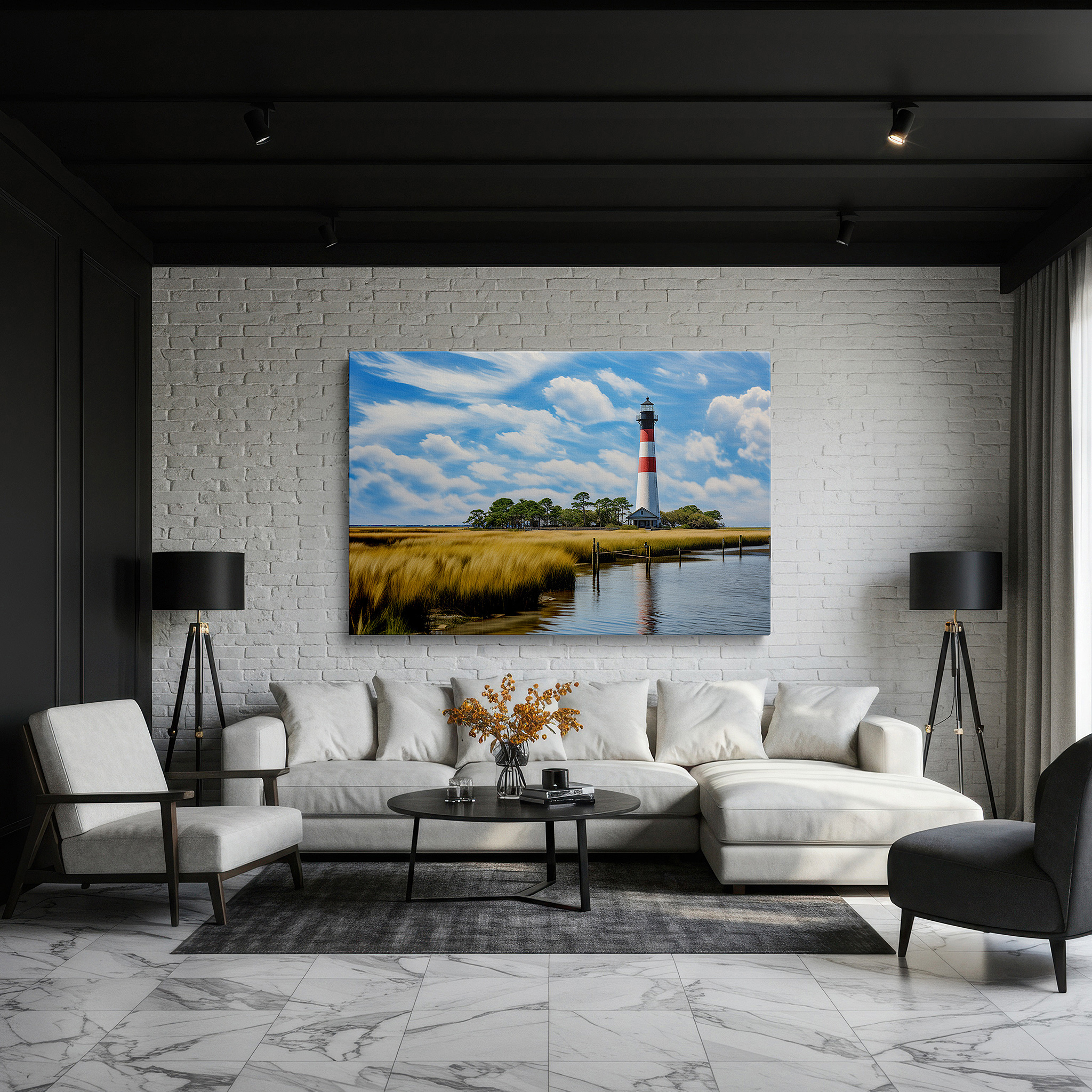Gently illuminated by ambient lighting in an entryway — serene lighthouse in lush settings: a symbol of peace and hope - large canvas wall art