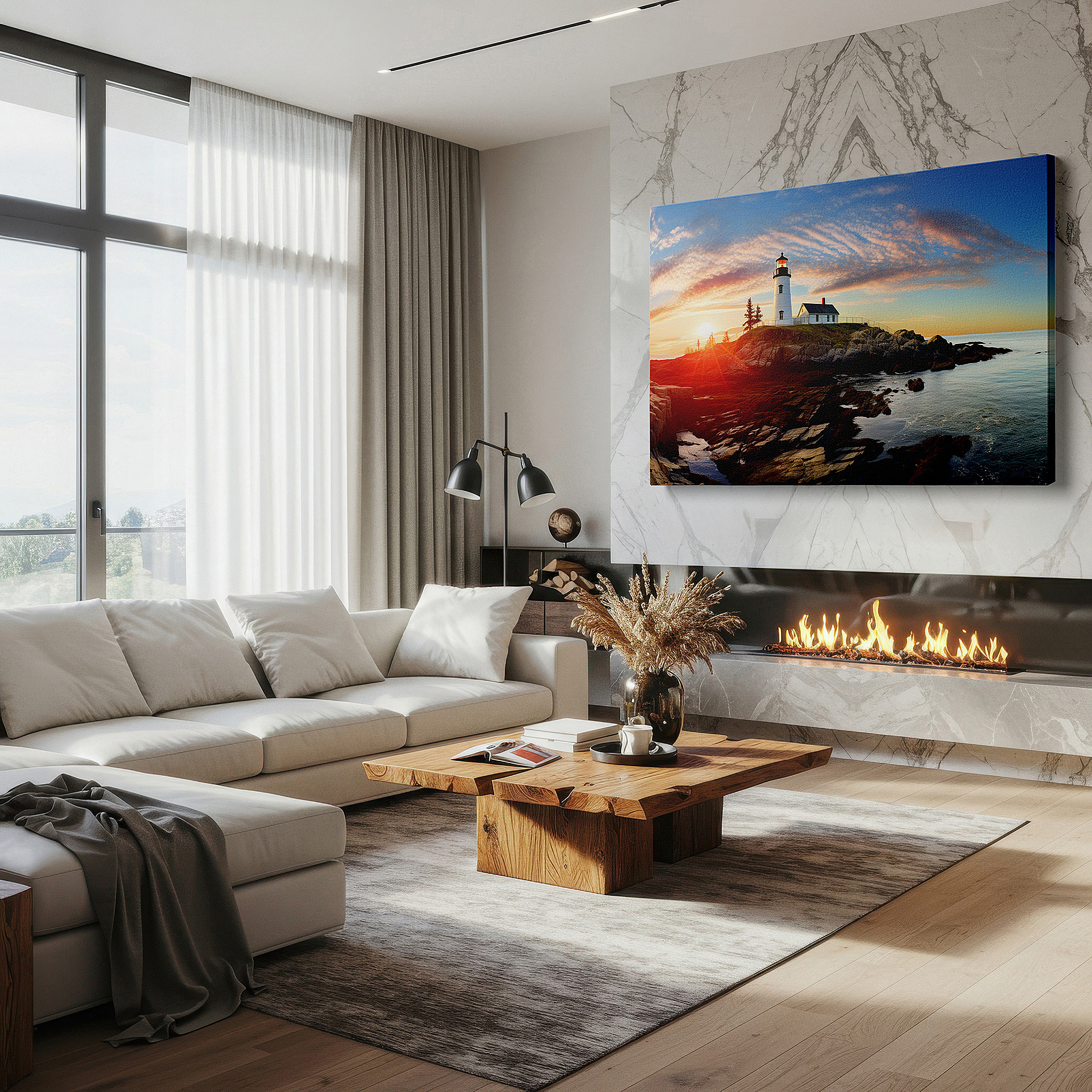 Gently illuminated by ambient lighting in an entryway — serene lighthouse at sunset: emblem of hope and resilience - dramatic nature scene large wall art, canvas wall art, wall decor for office
