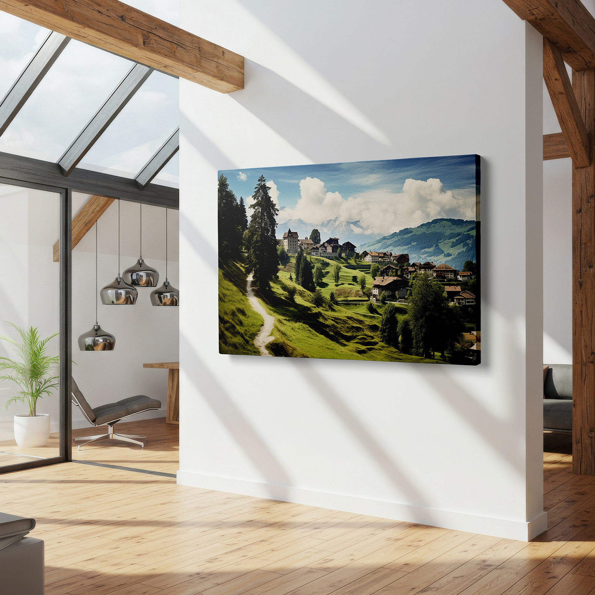 Gently illuminated by ambient lighting in an entryway — serene mountain village wall art featuring lush greenery and majestic peaks - large canvas for office, bedroom, and living room decor