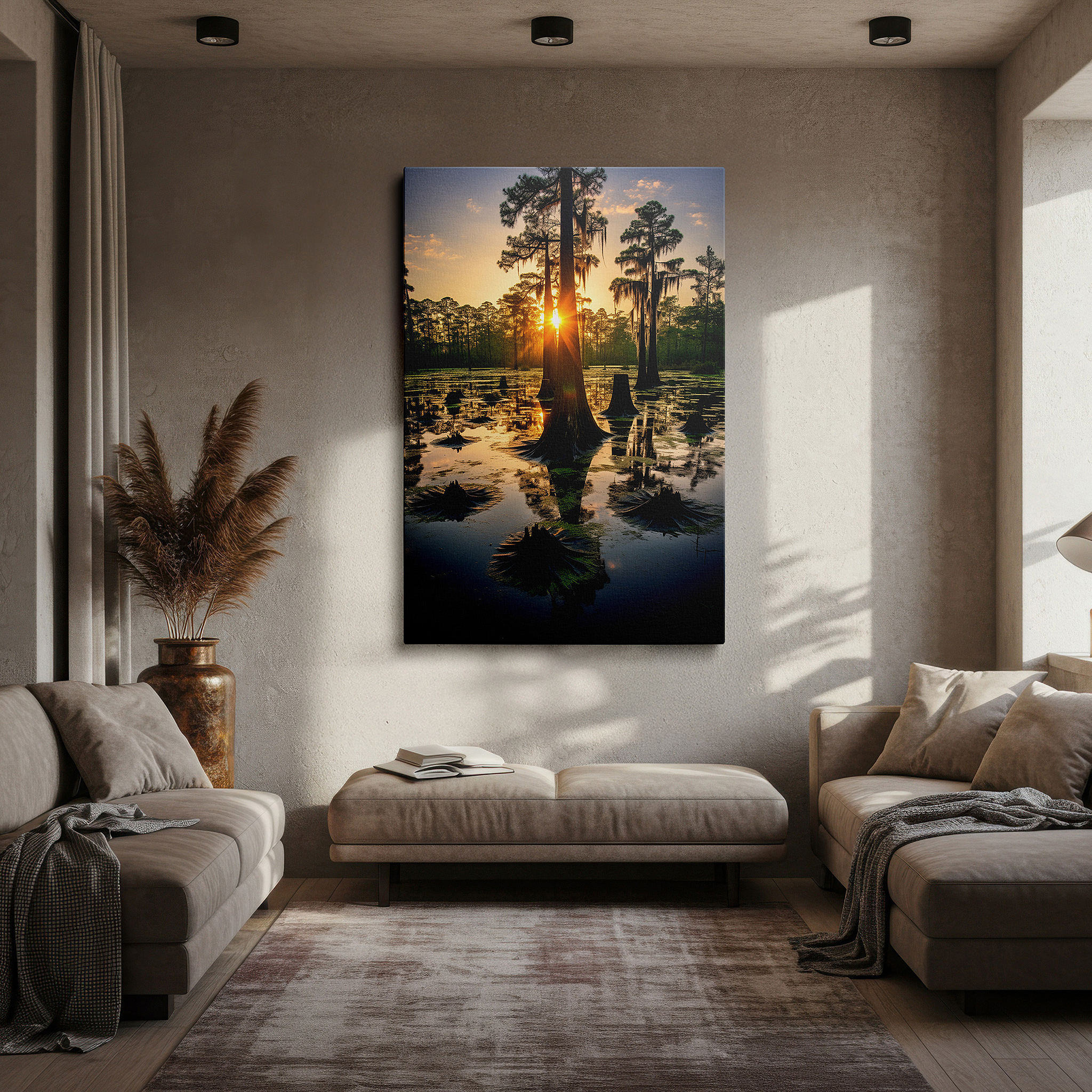 Gently illuminated by ambient lighting in an entryway — serene sunset over cypress swamp: a tranquil reflection of nature's majesty - large canvas wall art for office and bedroom decor