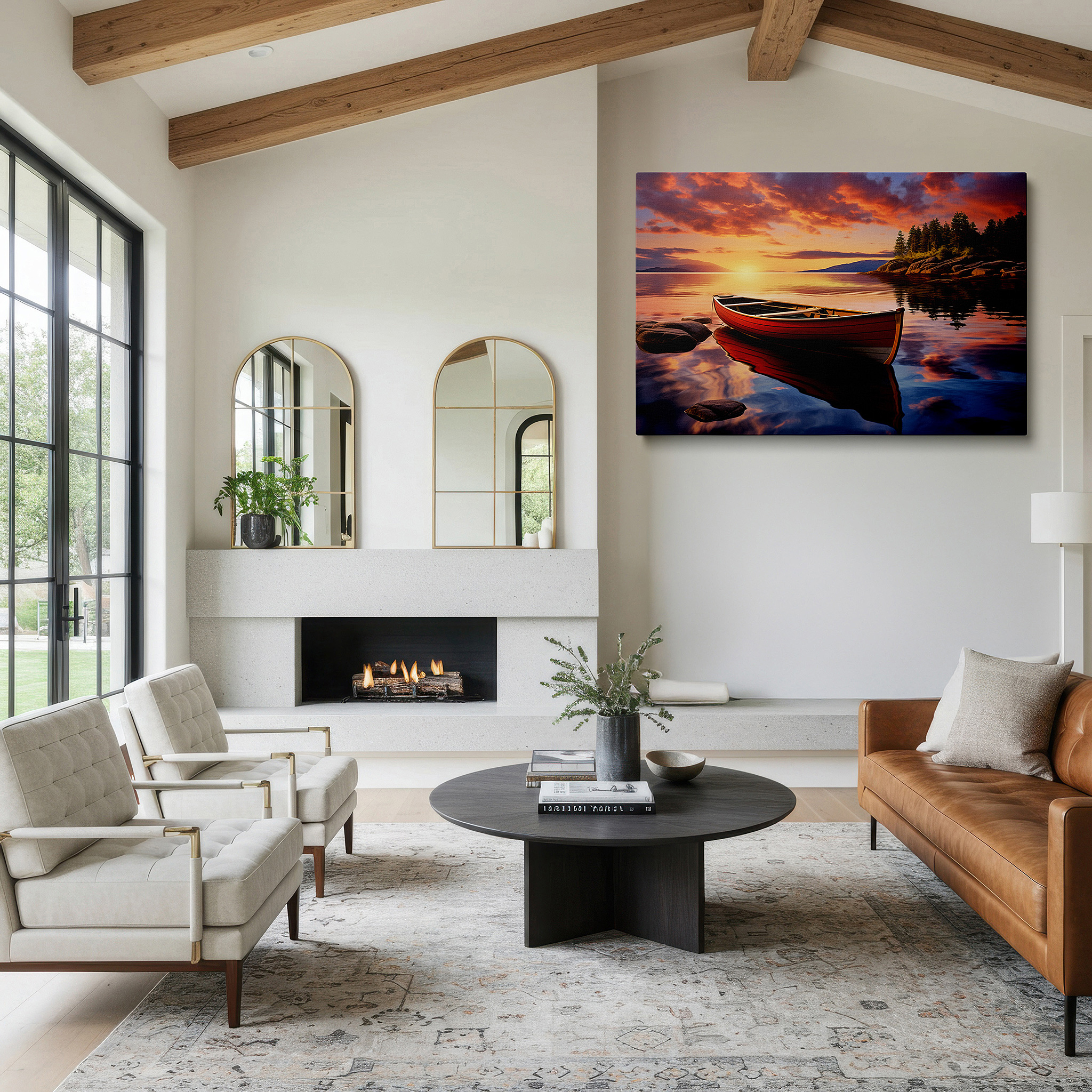 Gently illuminated by ambient lighting in an entryway — serene sunset and red canoe by rugged rocks - tranquil lake escape large wall art, canvas wall art, wall decor for office and bedroom