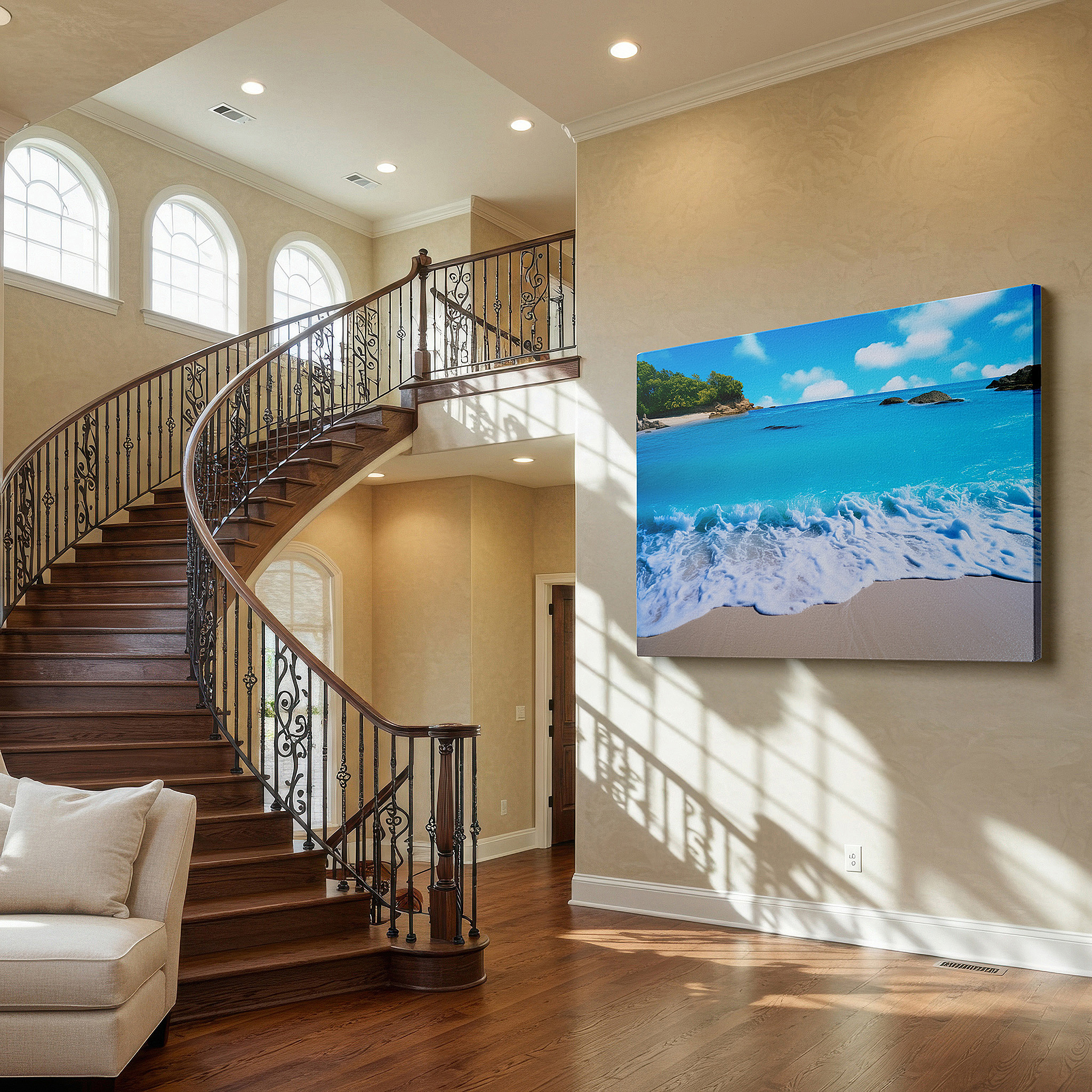 Gently illuminated by ambient lighting in an entryway — serene tropical paradise wall art featuring crystal-clear waters and pristine sands - perfect for office or bedroom decor