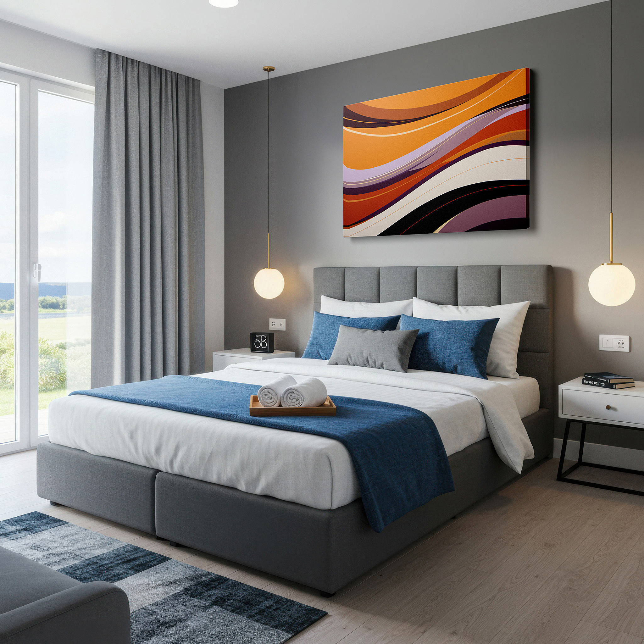 Gently illuminated by ambient lighting in an entryway — serene waves of tranquility wall art in orange, purple, and neutral tones - large canvas for office and bedroom decor