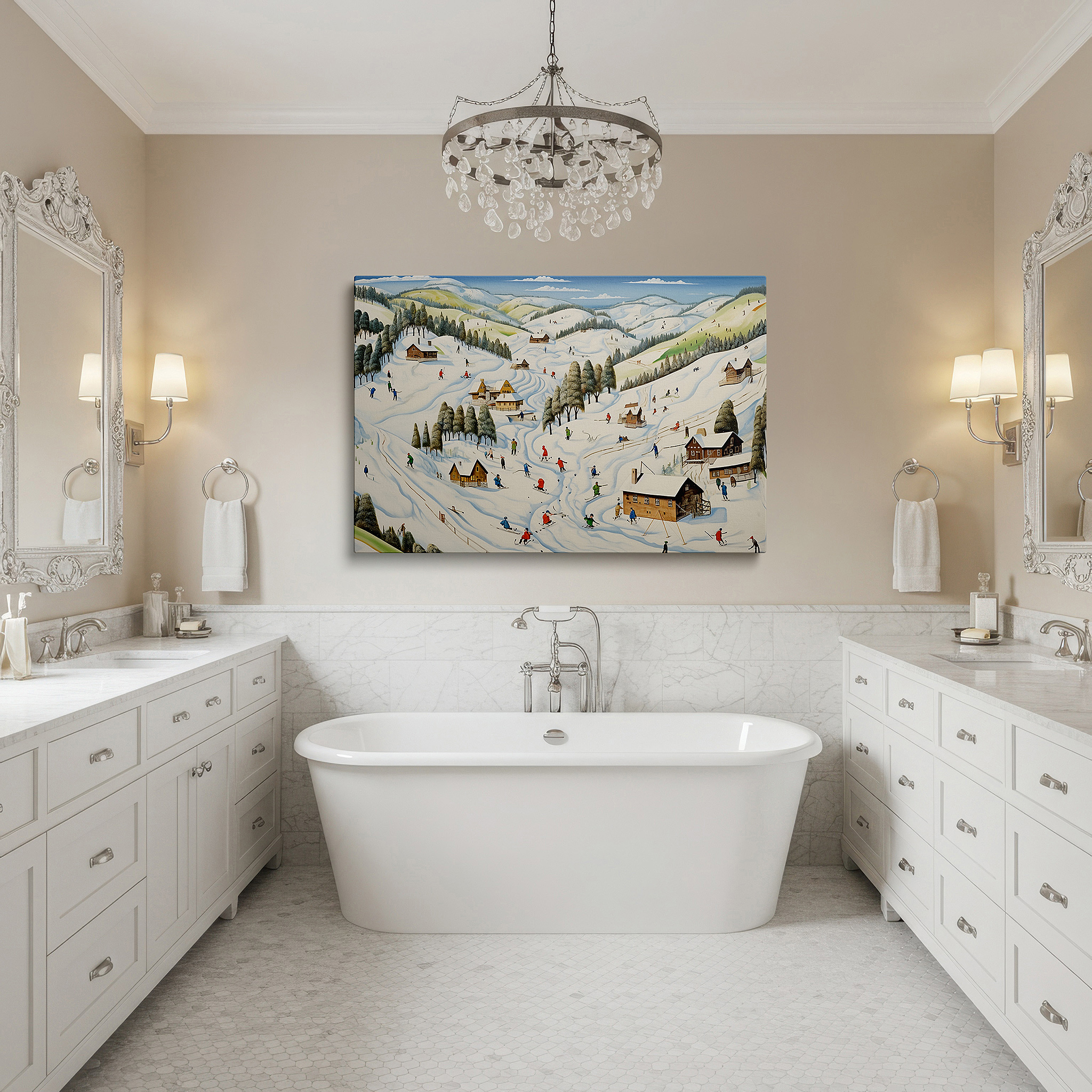 Gently illuminated by ambient lighting in an entryway — serene winter wonderland canvas featuring skiers and snow-covered cabins - large wall art for office, bedroom, and living room decor