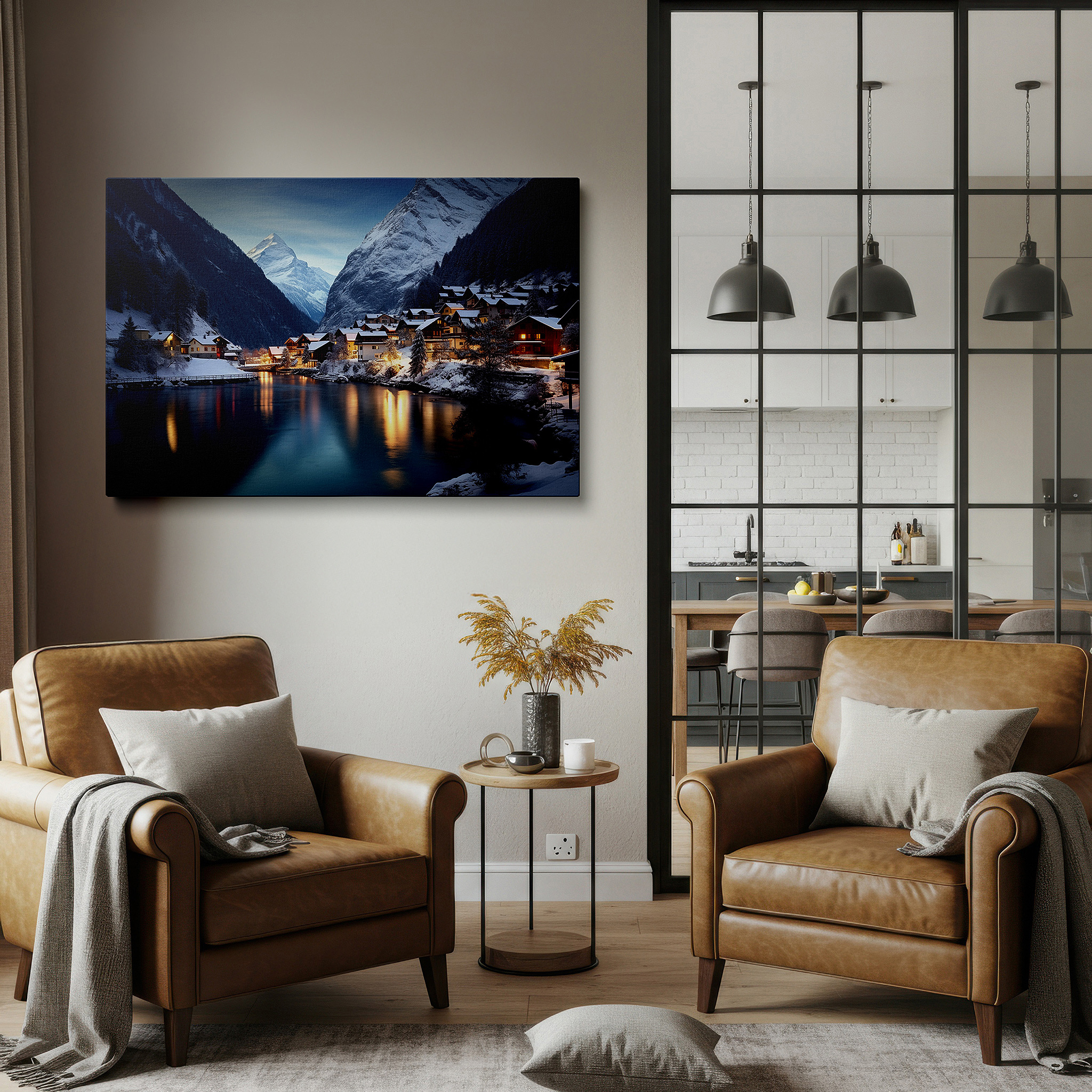 Gently illuminated by ambient lighting in an entryway — snow-covered village at twilight serenity, surrounded by majestic mountains large wall art, canvas wall art, wall decor for office and bedroom
