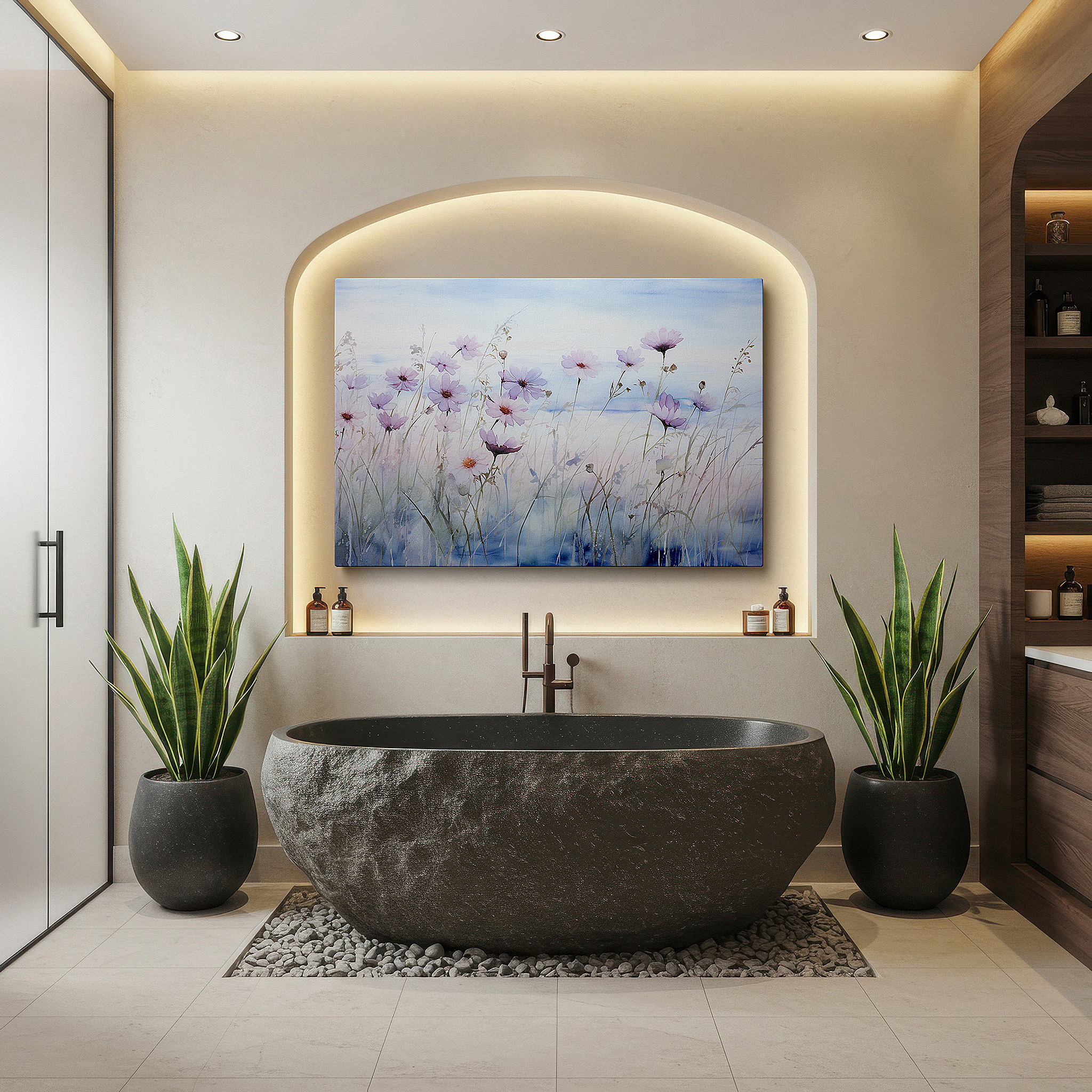 Gently illuminated by ambient lighting in an entryway — soft-hued serene blooms: tranquil floral wall art for peaceful spaces, perfect for office decor, large canvas prints