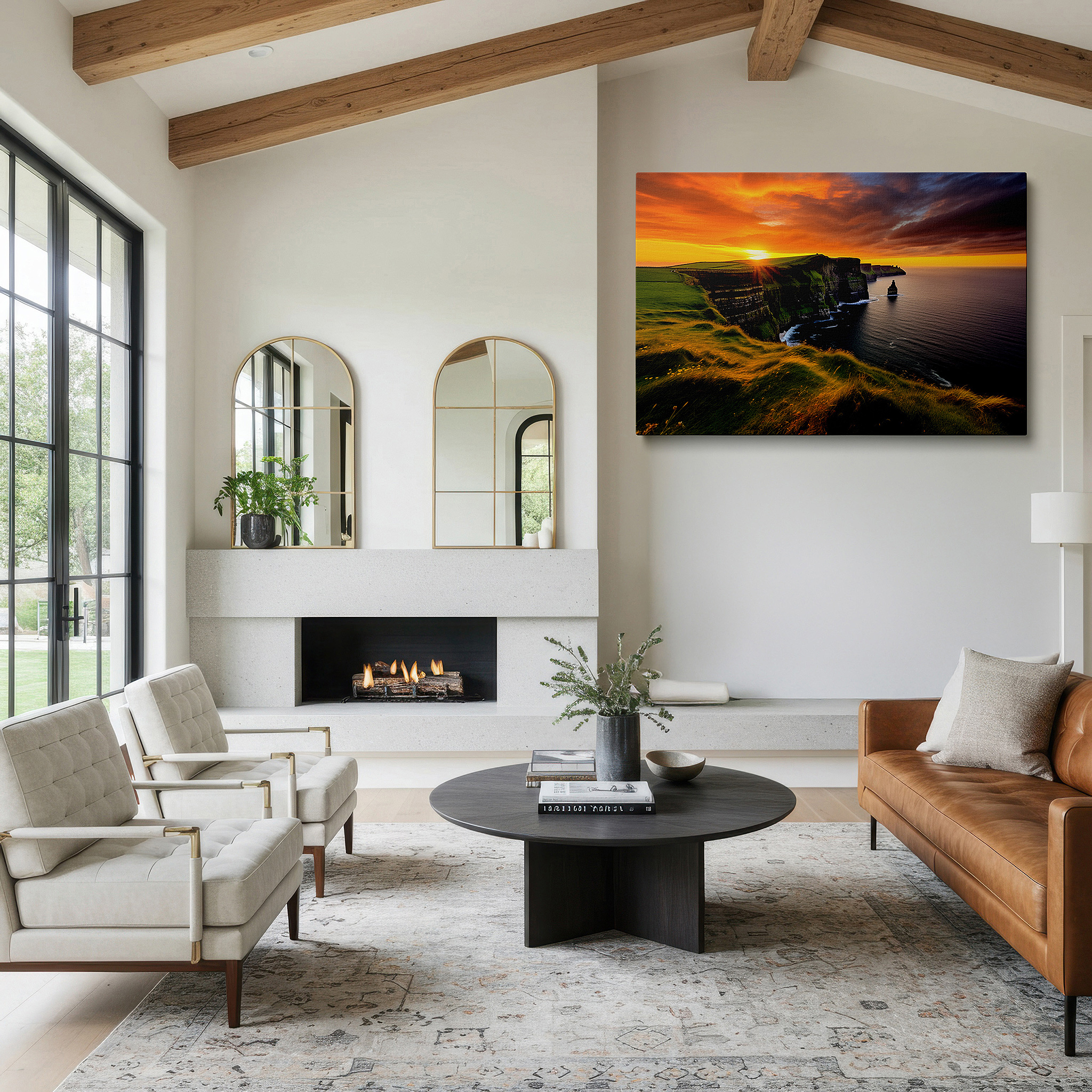 Gently illuminated by ambient lighting in an entryway — sunset at the majestic cliffs of moher overlooking the atlantic - large canvas wall art for office and bedroom decor