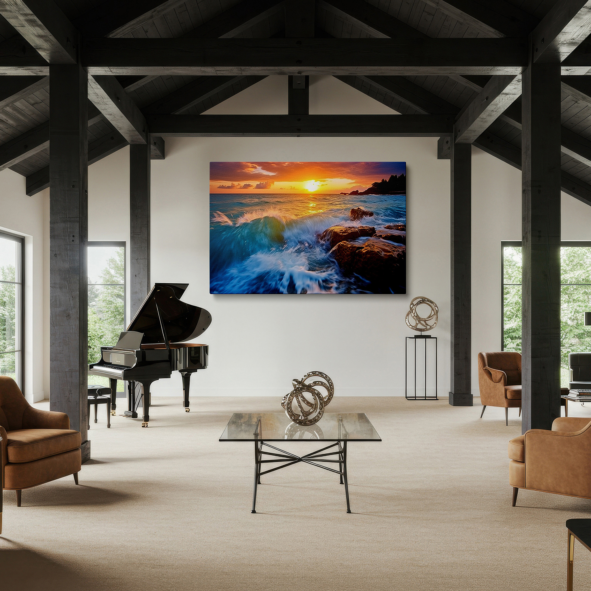 Gently illuminated by ambient lighting in an entryway — sunset over the ocean: a striking blend of orange and blue on the horizon - large canvas wall art for office and bedroom decor