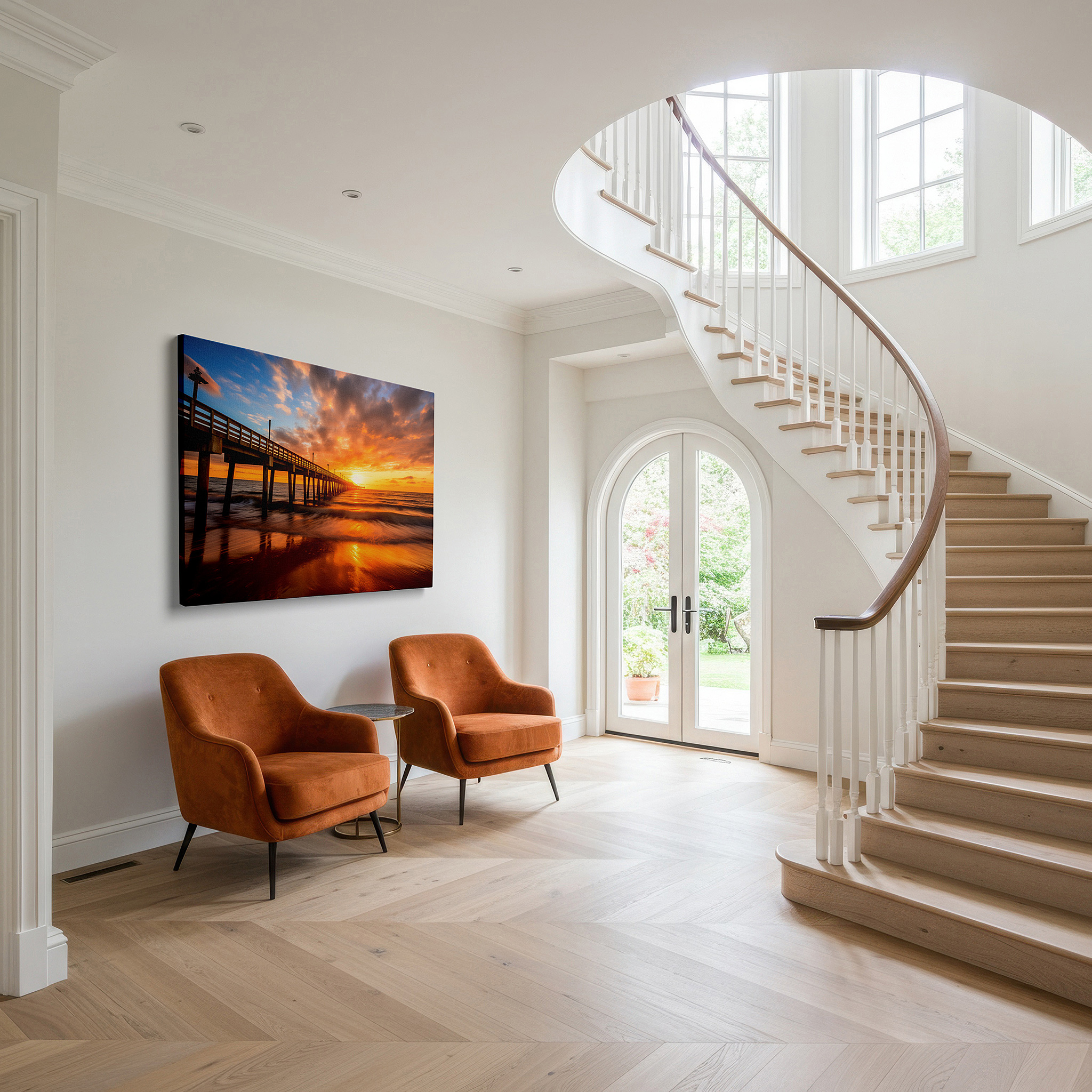 Gently illuminated by ambient lighting in an entryway — sunset serenade at the ocean pier: a vivid display of nature's palette - large canvas wall art for office and bedroom decor