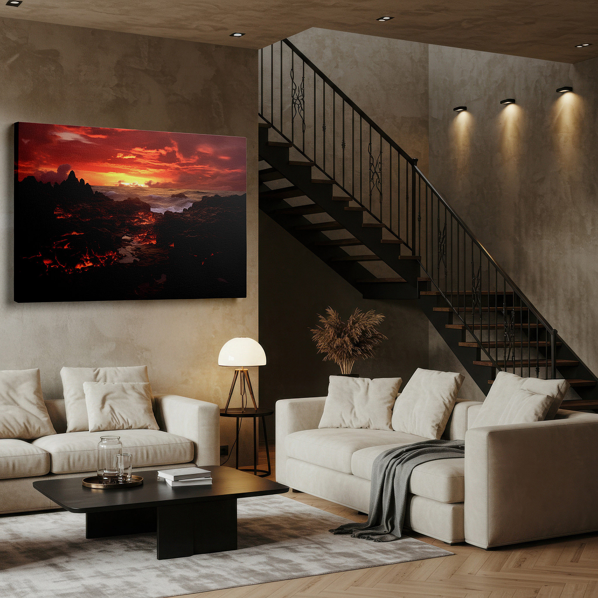 Gently illuminated by ambient lighting in an entryway — sunset symphony: fiery core and tranquil sea - large canvas wall art for home and office decor