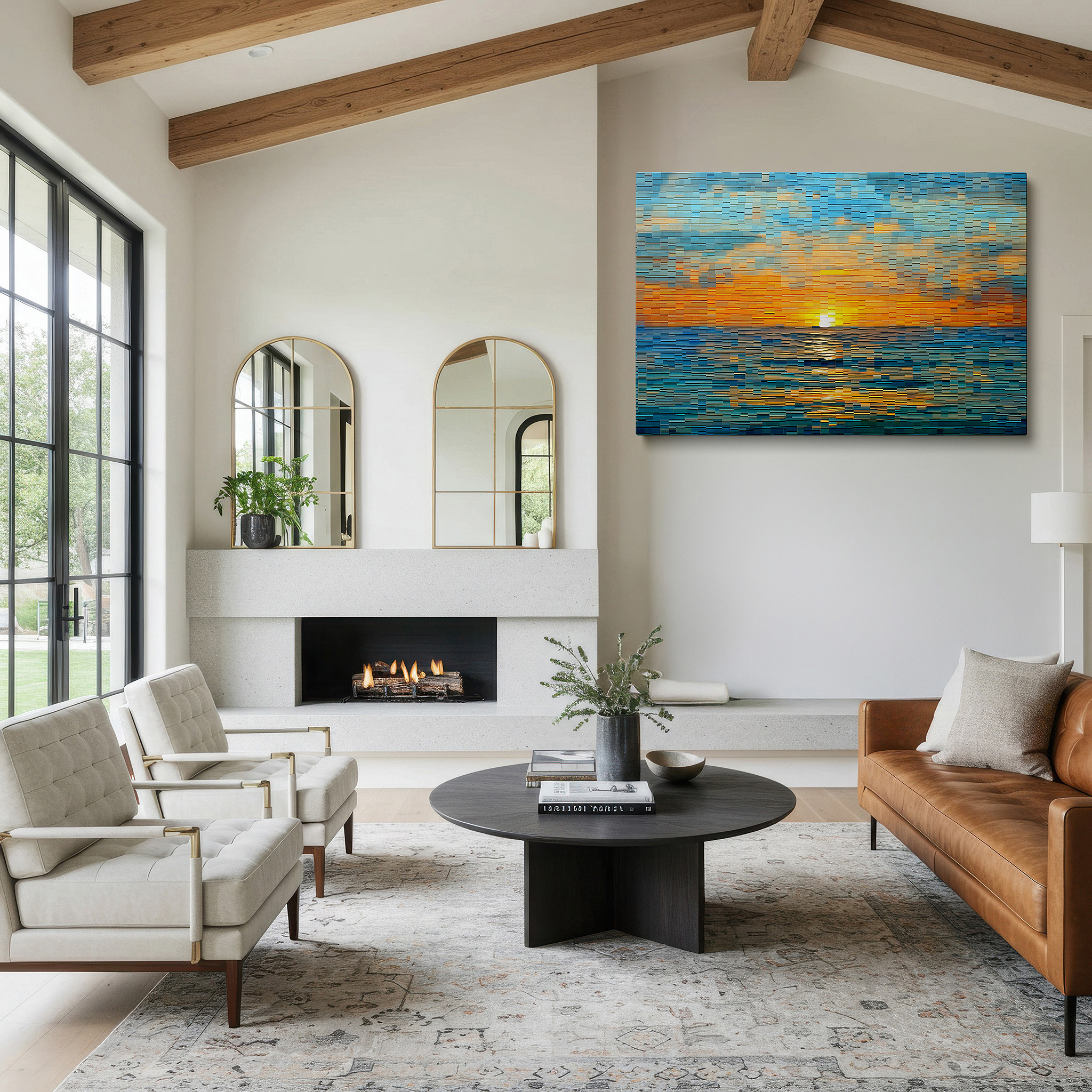Gently illuminated by ambient lighting in an entryway — sunset symphony over the ocean - fiery waves and tranquil hues dance large wall art, canvas wall art, wall decor for office and bedroom