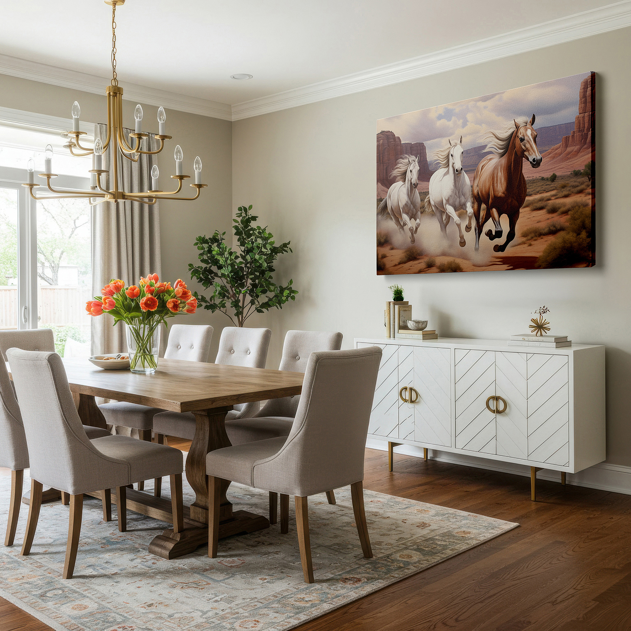 Gently illuminated by ambient lighting in an entryway — three horses galloping across desert landscape beneath stunning red rocks and blue sky, large canvas wall art for office decor