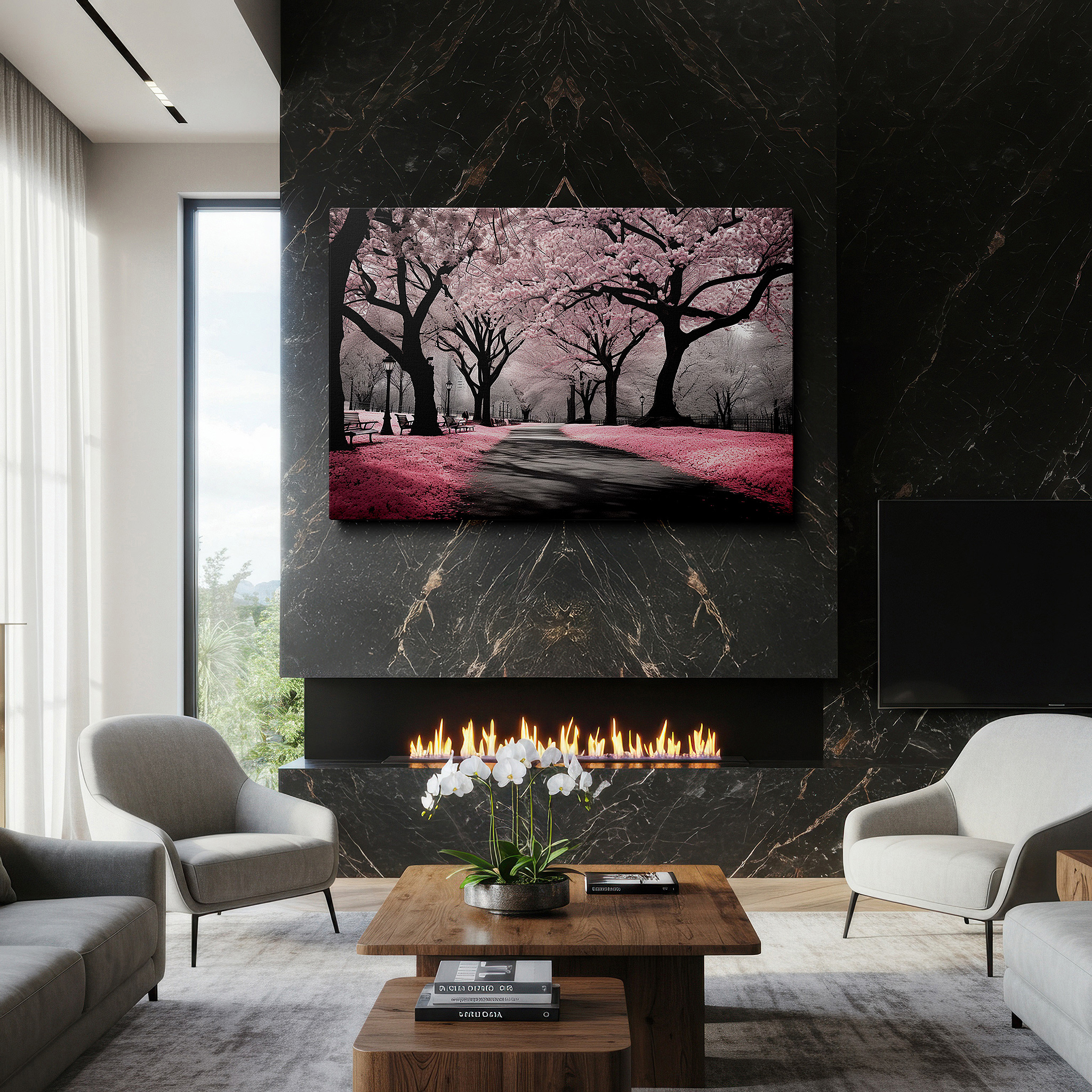 Gently illuminated by ambient lighting in an entryway — tranquil cherry blossom pathway large canvas wall art, serene beauty wall decor for office and bedroom