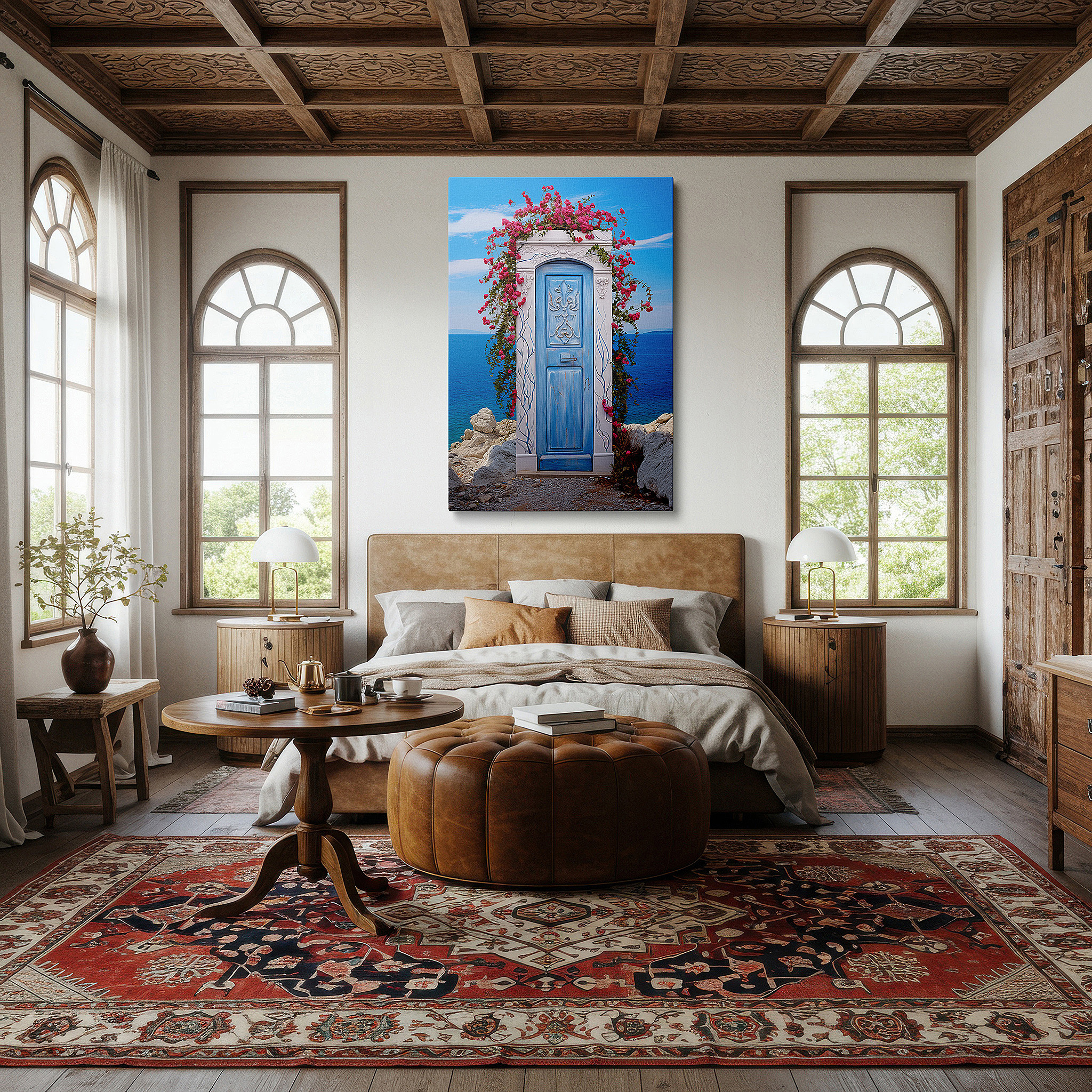 Gently illuminated by ambient lighting in an entryway — tranquil doorway canvas with vibrant flowers and ocean views - large wall art for living room, bedroom, or office decor