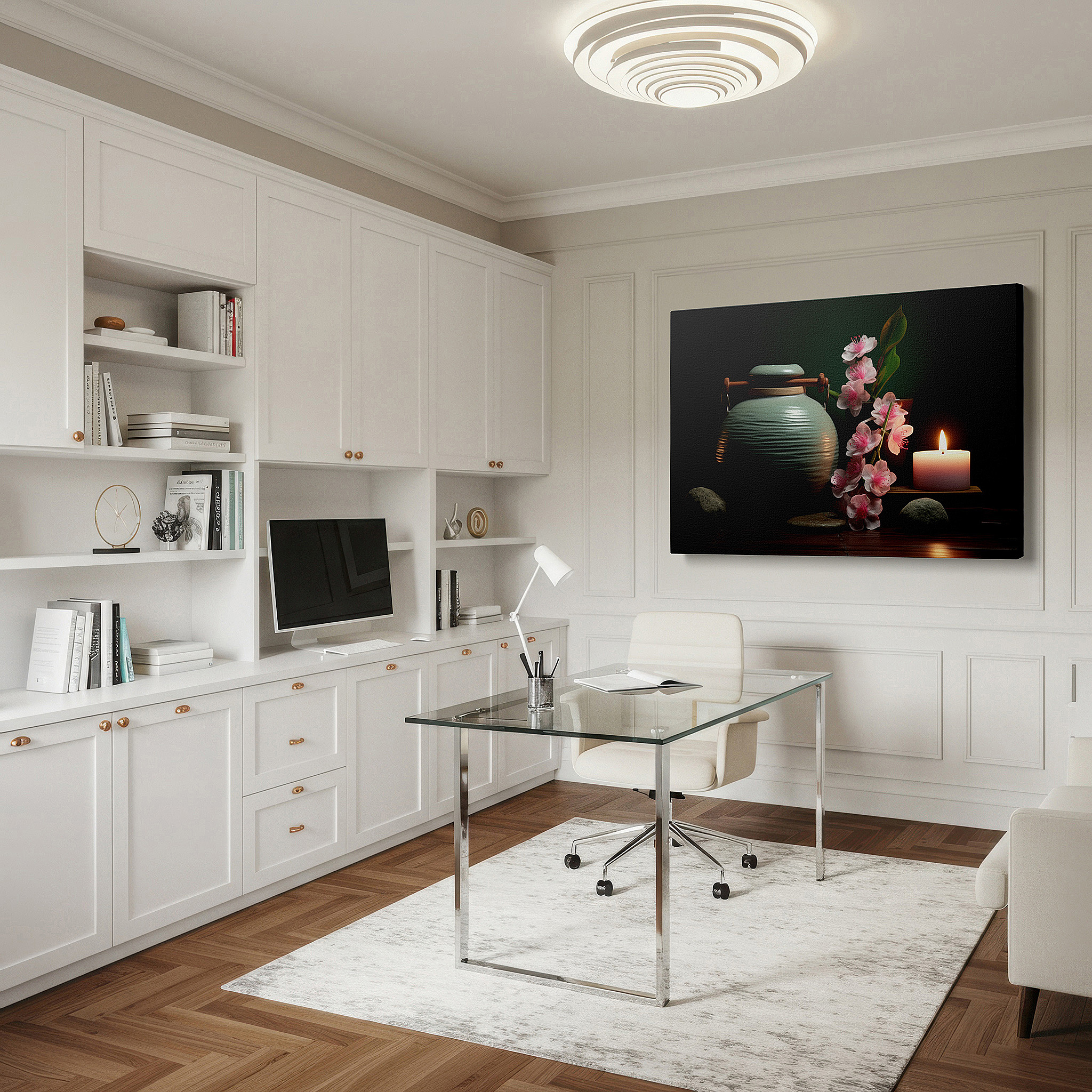 Gently illuminated by ambient lighting in an entryway — tranquil green vase and pink blooms with candle glow: large canvas wall art for office, bedroom, and living room decor