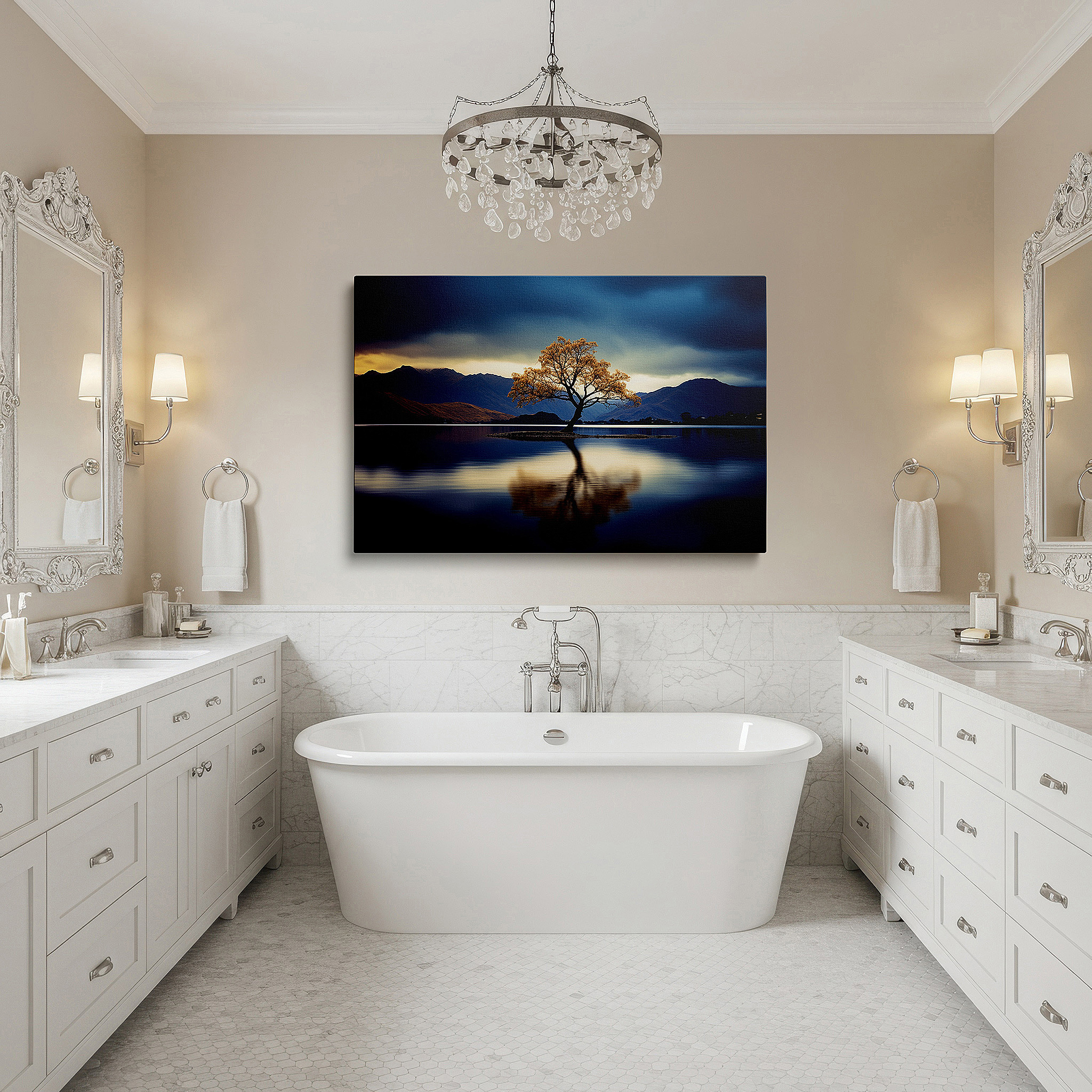 Gently illuminated by ambient lighting in an entryway — tranquil isle canvas print: serene tree, misty mountains, and reflective waters - large wall decor for office and bedroom