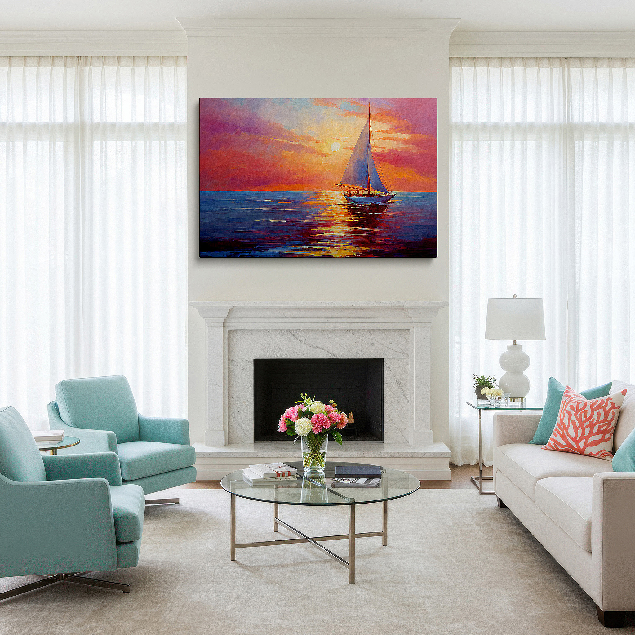 Gently illuminated by ambient lighting in an entryway — tranquil sailboat journey under a fiery sunset sky - large canvas wall art for office, bedroom, and living room decor
