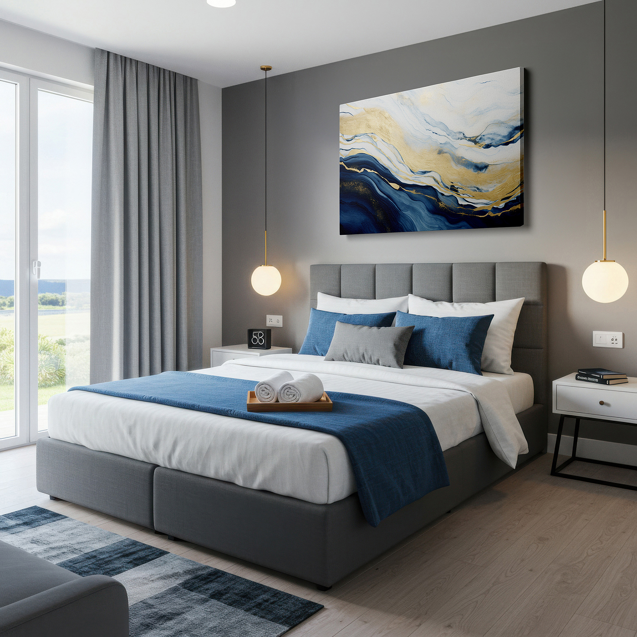Gently illuminated by ambient lighting in an entryway — tranquil seascape: where the ocean kisses the sky, sunlight plays on the waves, offering peace and serenity - large wall art, canvas wall art, office decor