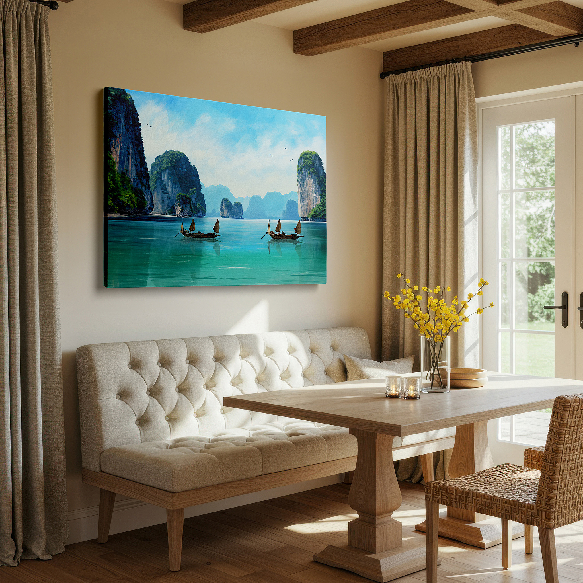 Gently illuminated by ambient lighting in an entryway — tropical serenity wall art featuring vibrant boats and pristine sands, large canvas for home and office decor