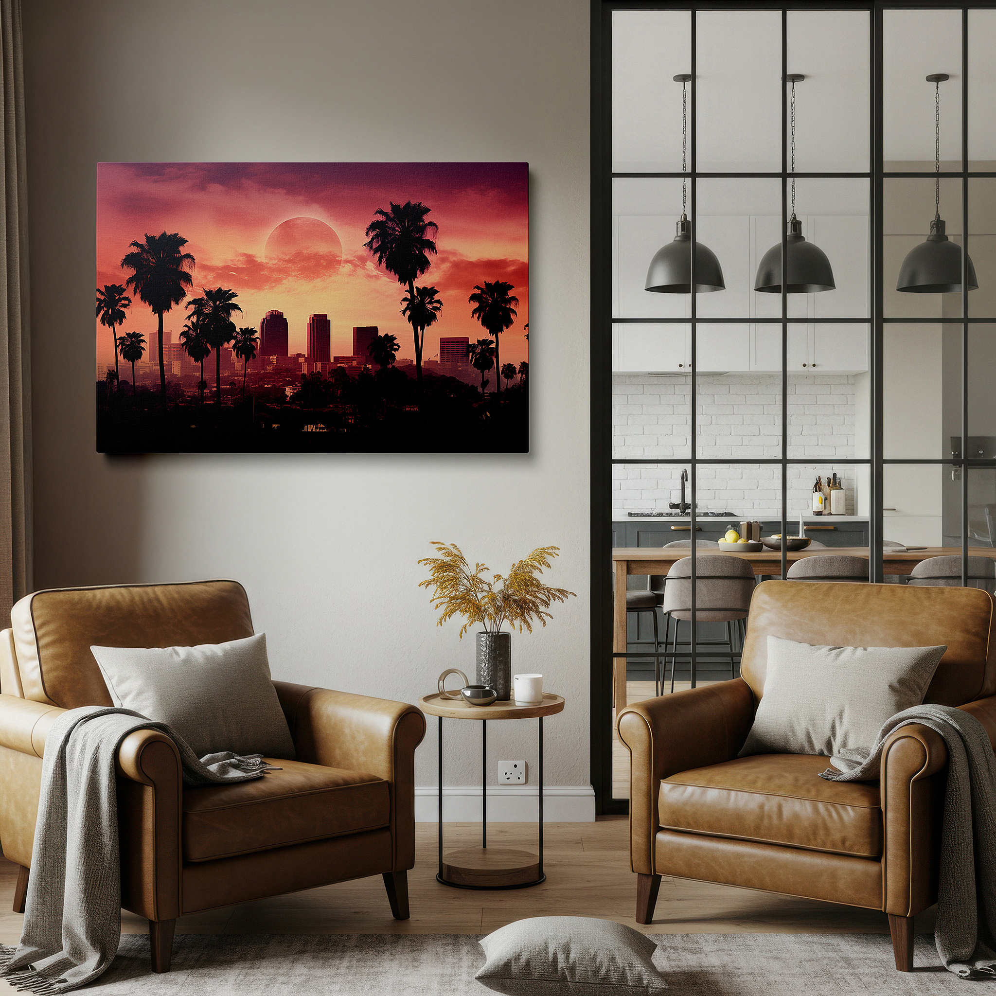 Gently illuminated by ambient lighting in an entryway — urban and tropical sunset skyline - serene fusion of city and nature large wall art, canvas decor for office and bedroom