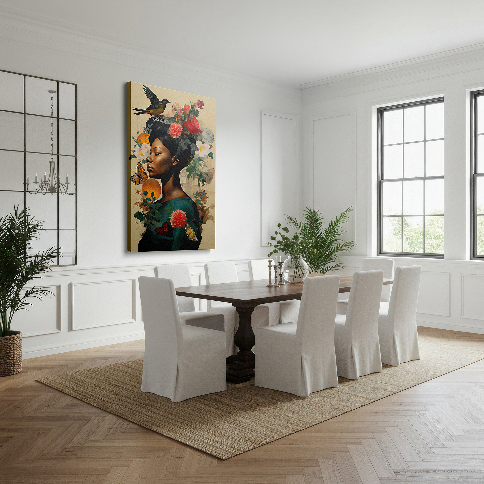 Gently illuminated by ambient lighting in an entryway — vibrant large wall art featuring a woman adorned with flowers and butterflies, capturing ethereal beauty and nature's serenity