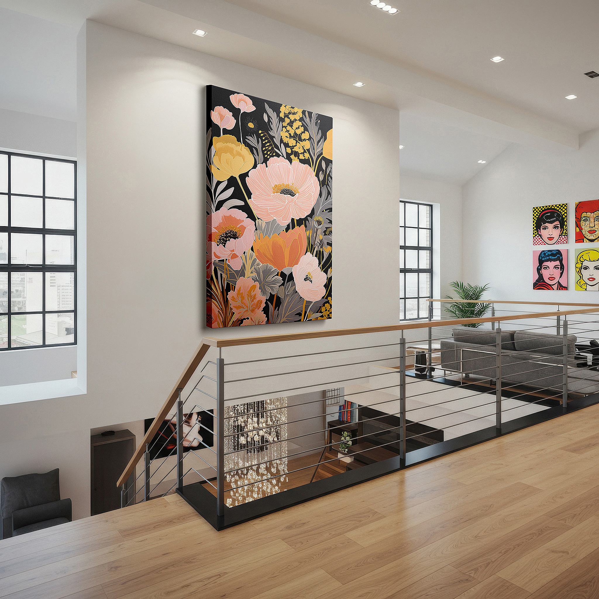 Gently illuminated by ambient lighting in an entryway — vibrant pastel flowers on a stark black background - celebrating nature's delicate artistry, large canvas wall art