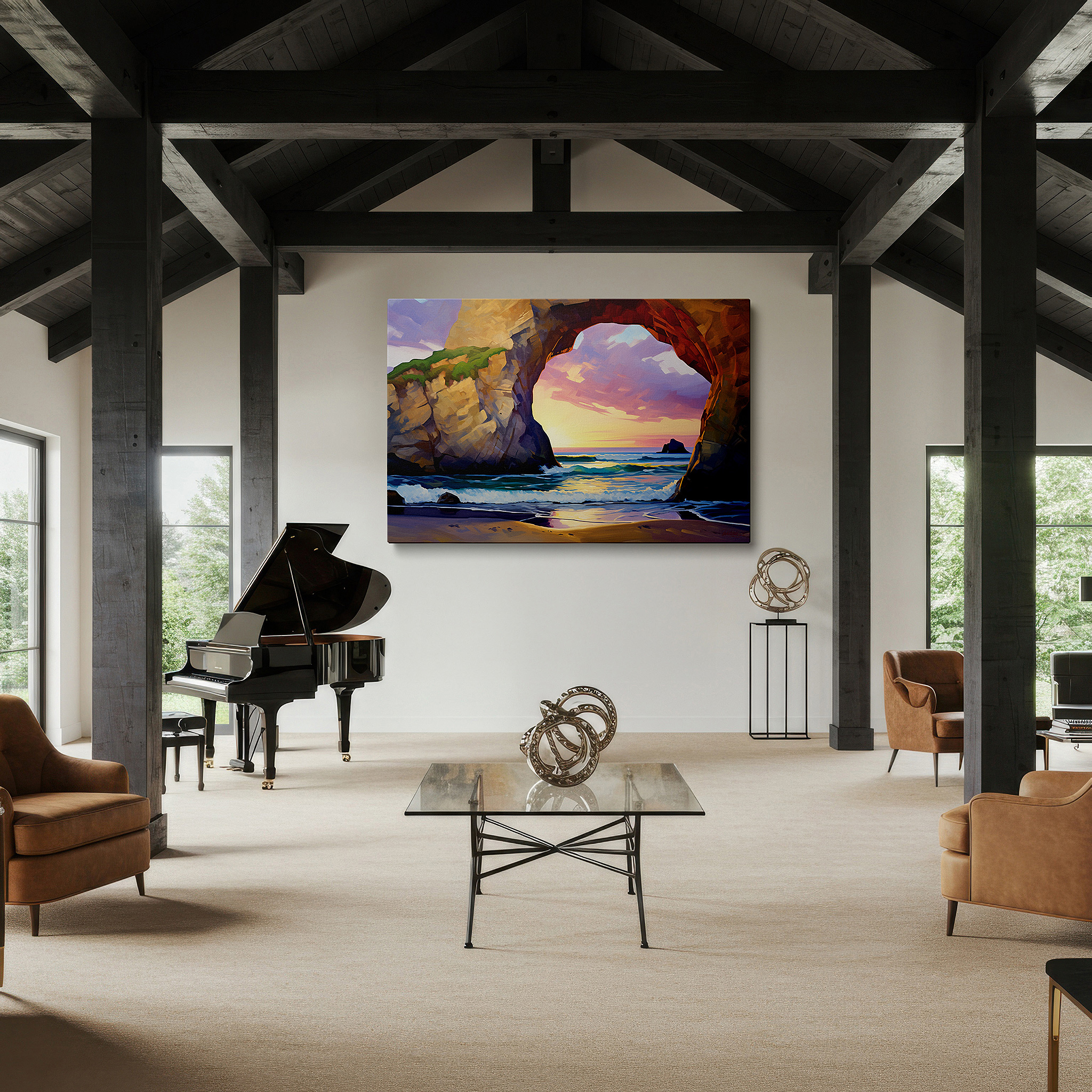 Gently illuminated by ambient lighting in an entryway — vibrant sunset hues over majestic coastal arch large canvas wall art for office, bedroom, and living room decor