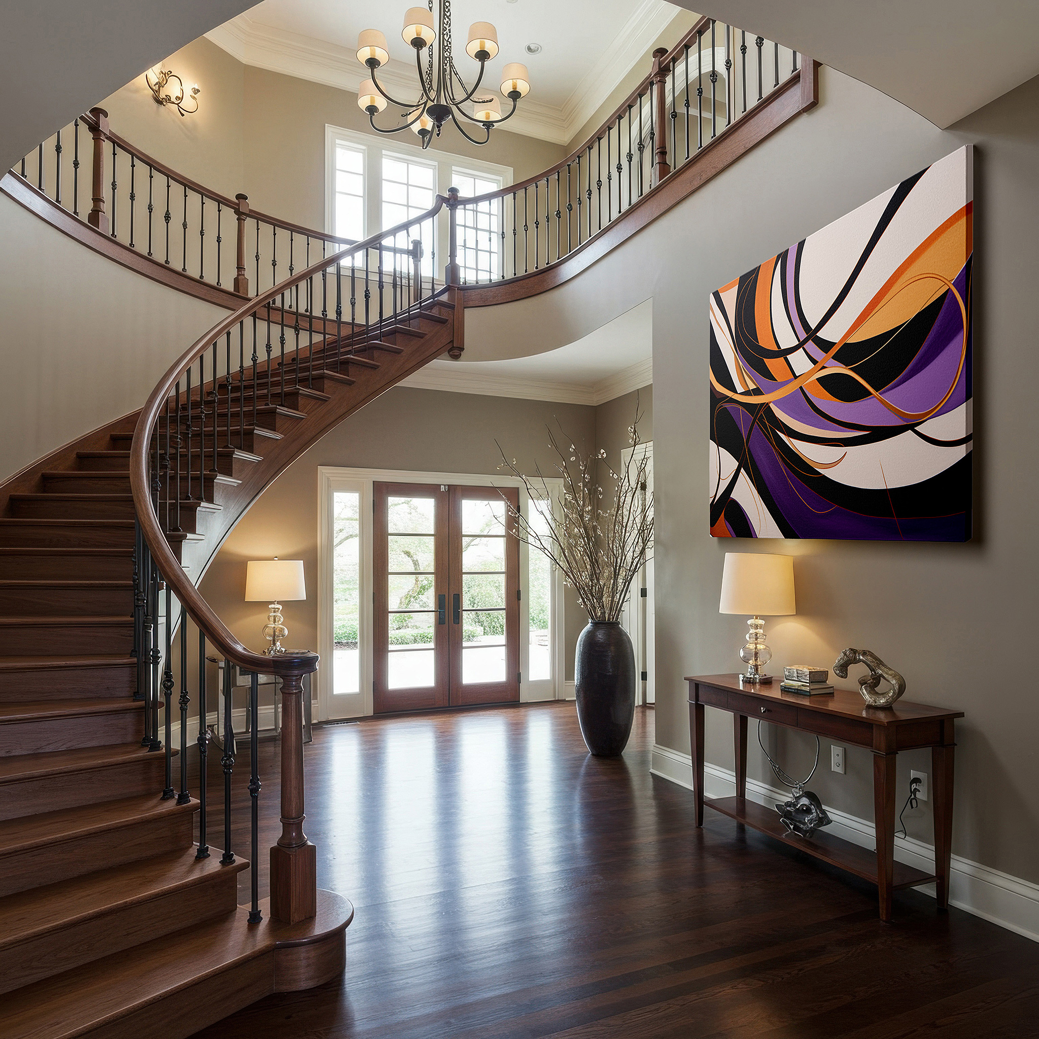 Gently illuminated by ambient lighting in an entryway — vibrant symphony of curved lines in orange, purple, and black - large canvas wall art for office, living room, and bedroom decor