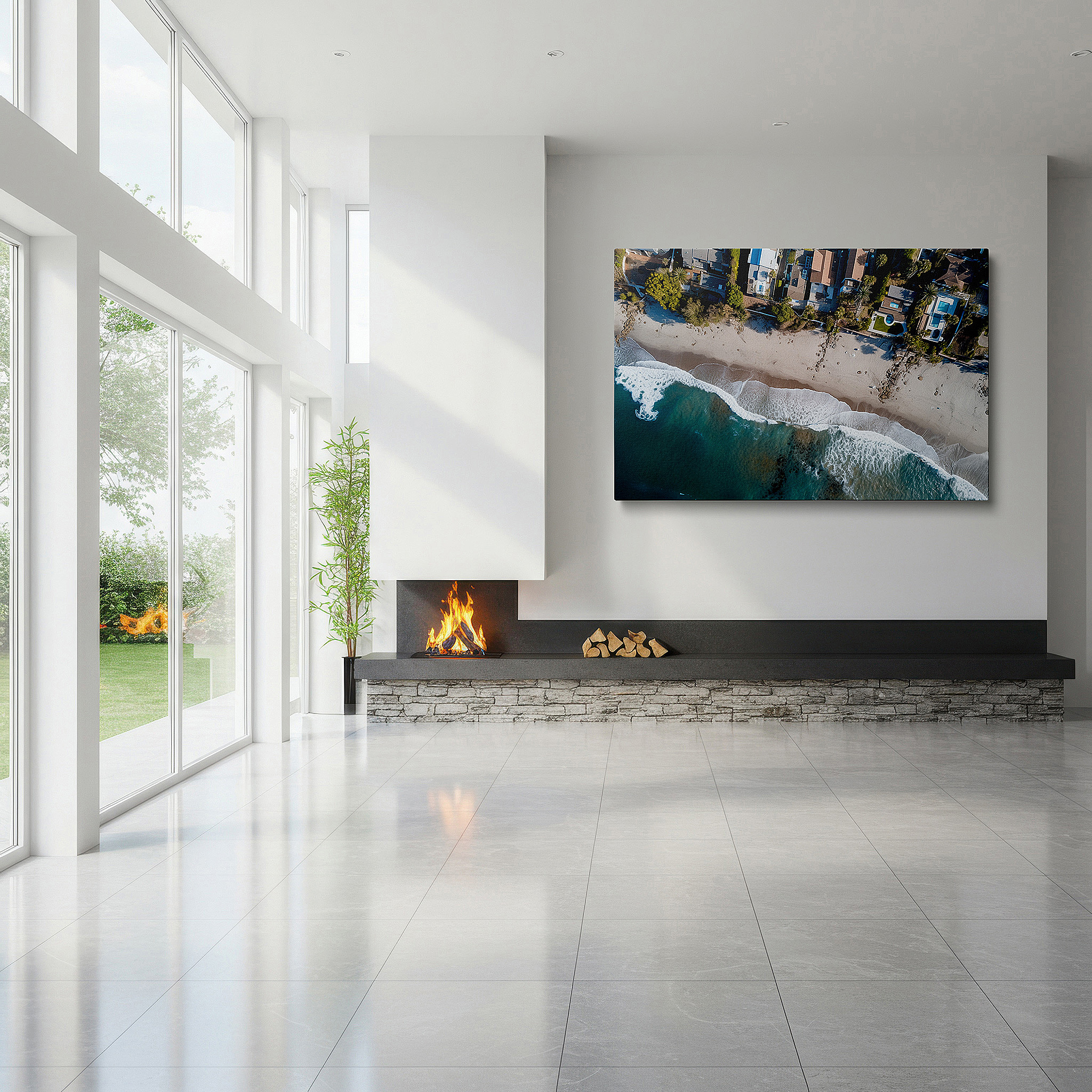 Gently illuminated by ambient lighting in an entryway — wall art: aerial view of tranquil beach and coastal homes - serene seascape for peaceful living, large canvas wall art decor for office