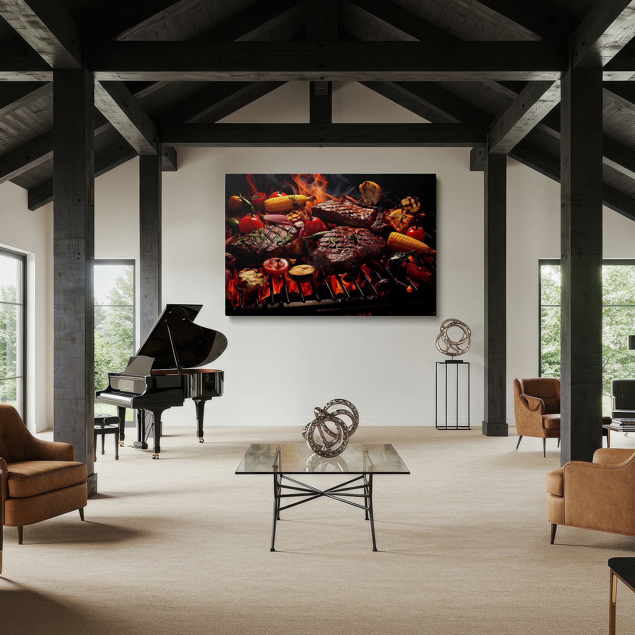 Gently illuminated by ambient lighting in an entryway — wall art: celebrate summer with bbq grill, bright vegetables, and shared happiness - large canvas for home or office decor, perfect for living room or bedroom