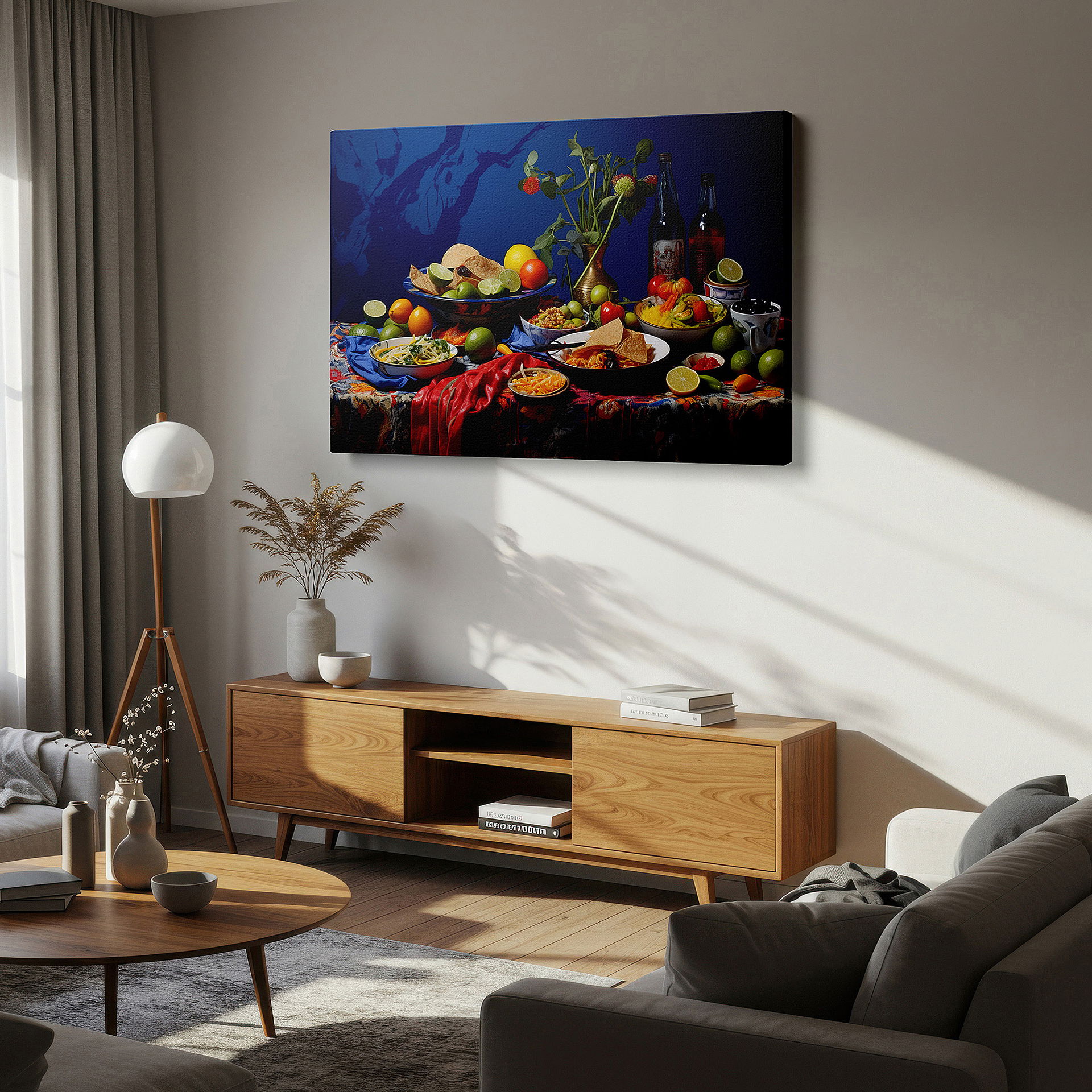 Gently illuminated by ambient lighting in an entryway — wall art: celebrating culinary diversity and communal joy with a feast of colors and flavors on a rustic table - large canvas wall art for office decor