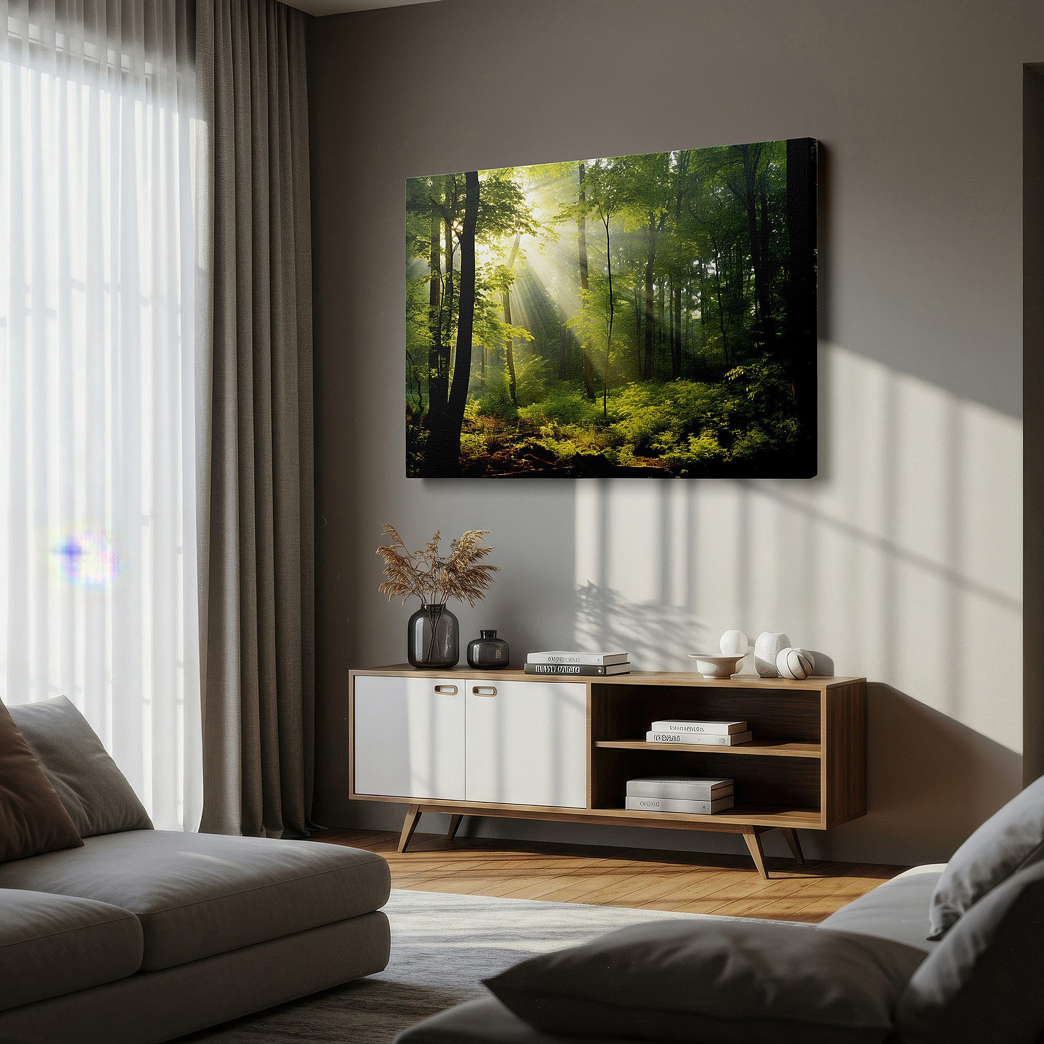 Gently illuminated by ambient lighting in an entryway — wall art: enchanted forest daylight canopy - sunlight dancing through lush greens, tranquil woodland escape - large canvas wall art for office decor