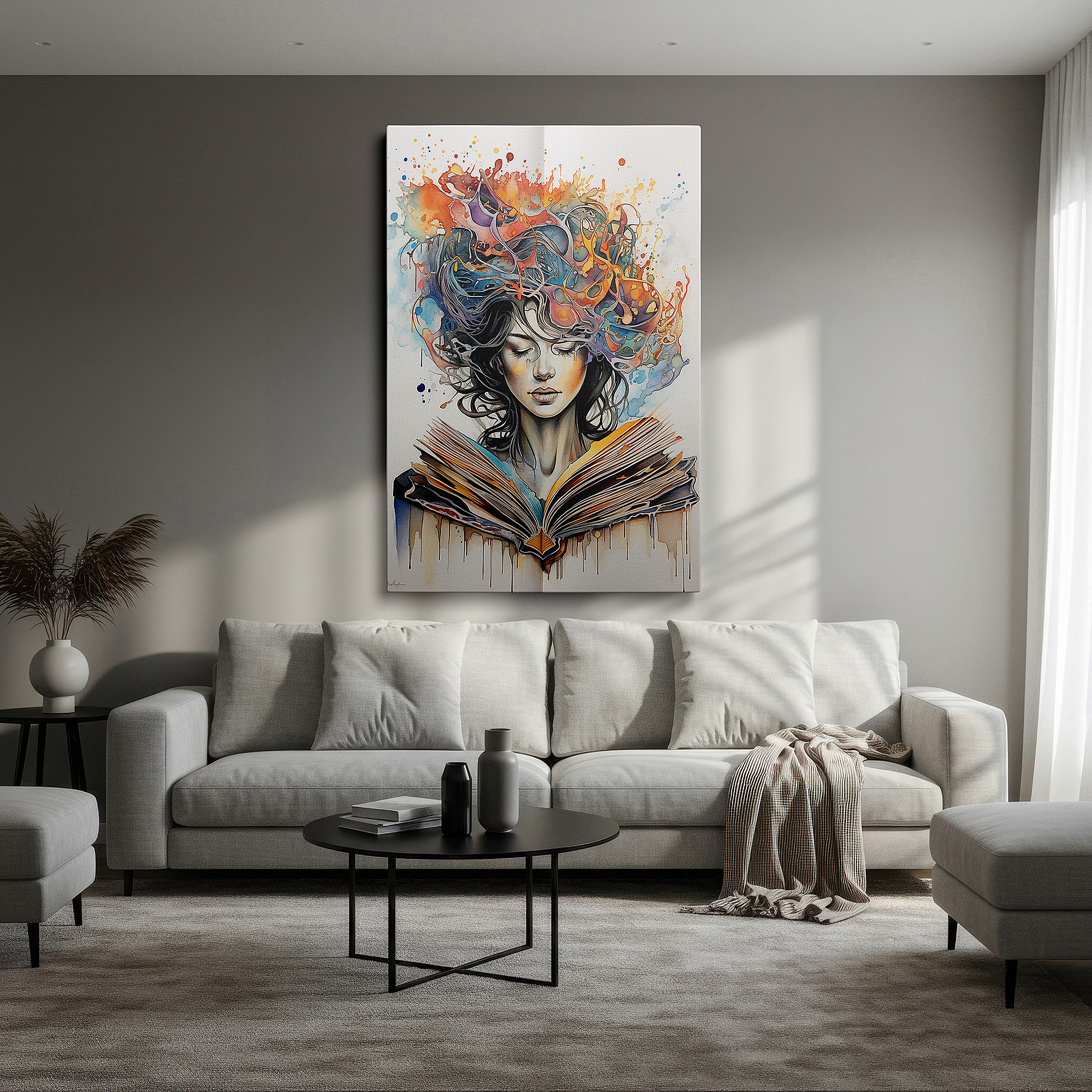 Gently illuminated by ambient lighting in an entryway — wall art: a fusion of creativity and intellect, featuring bright colors and symbolic designs - large wall art, canvas wall art, wall art decor, office wall art.