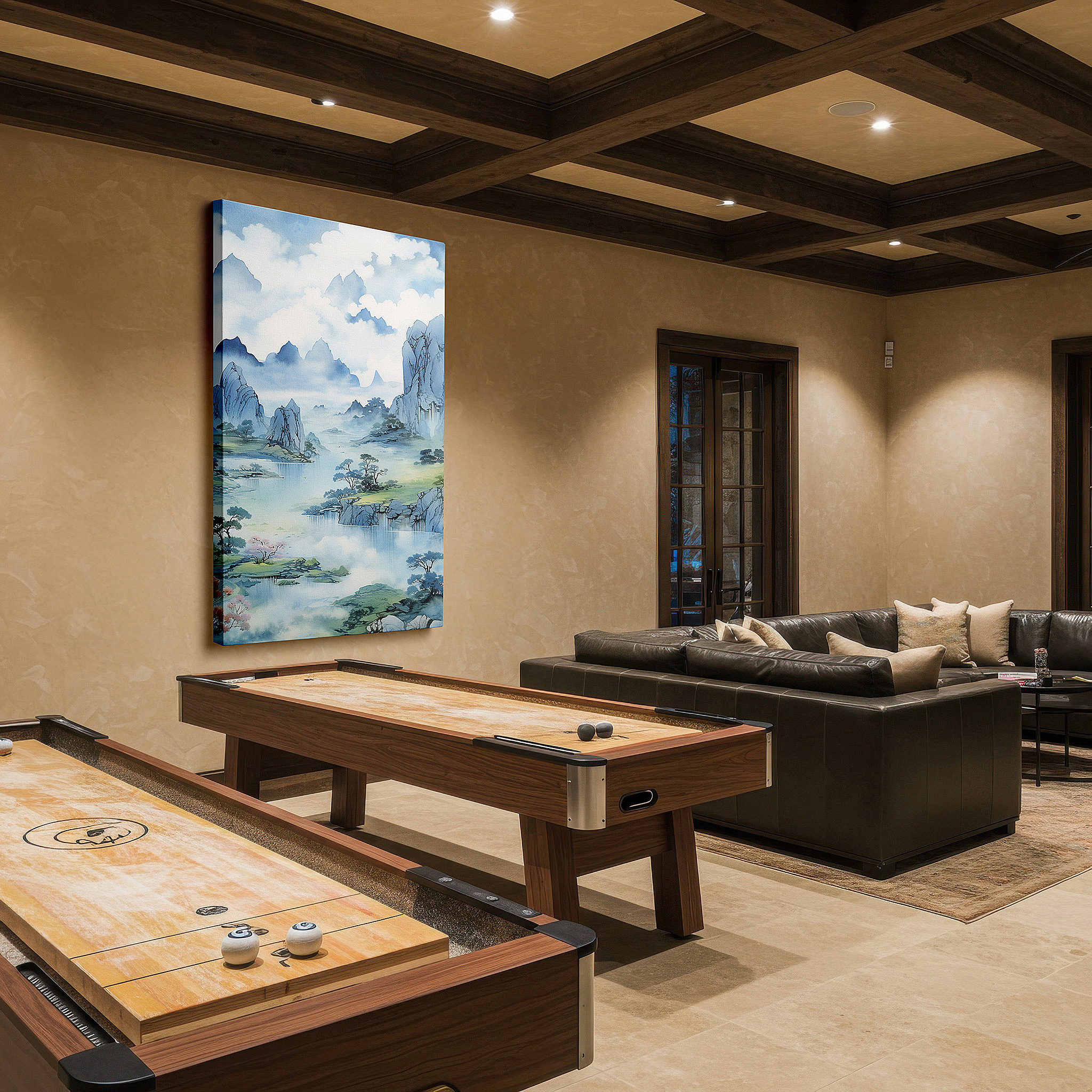 Gently illuminated by ambient lighting in an entryway — wall art: majestic peaks and serene streams in misty tones - a sanctuary of calm. large canvas wall art for office and bedroom decor.