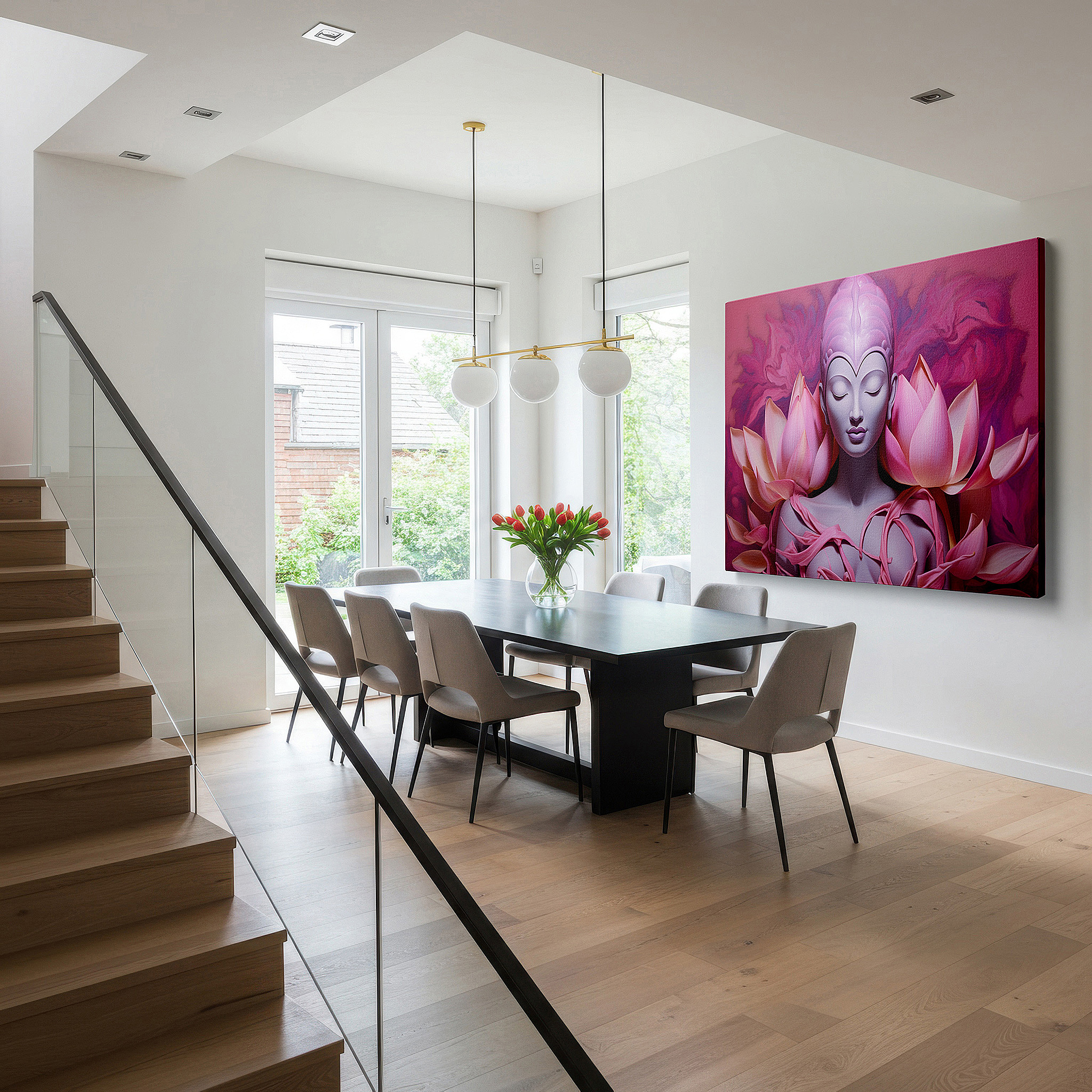 Gently illuminated by ambient lighting in an entryway — wall art: serene meditative figure surrounded by vibrant lotus petals, representing purity and spiritual enlightenment - large canvas wall art for office decor