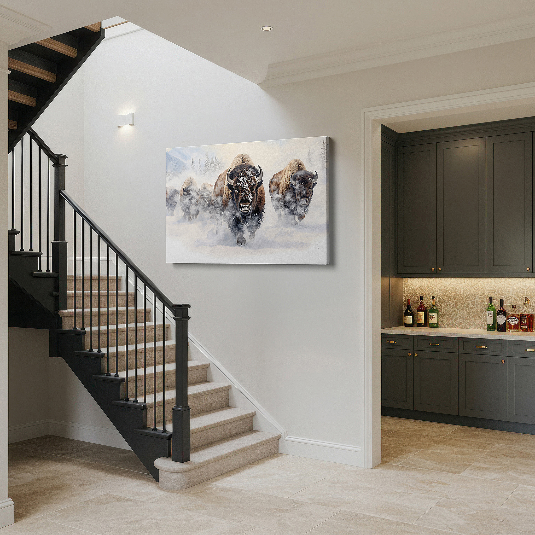 Gently illuminated by ambient lighting in an entryway — wall art: serene and mighty bison in a snowy landscape - a peaceful yet commanding nature scene for large wall art, canvas wall art, wall art decor, office wall art, bedroom wall