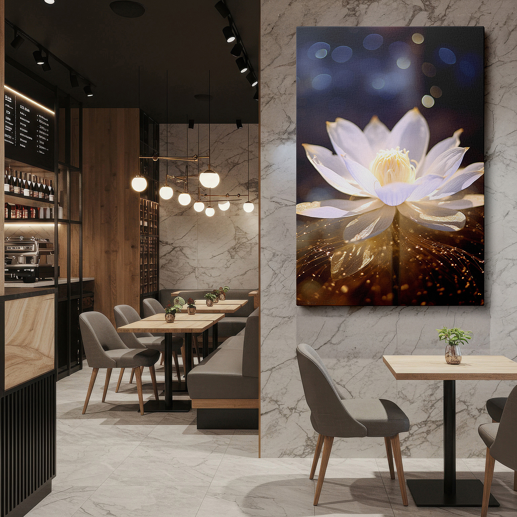 Gently illuminated by ambient lighting in an entryway — wall art: serene white lotus blossom, emblem of purity and peace, set against a soft glow - large canvas wall art for home and office decor