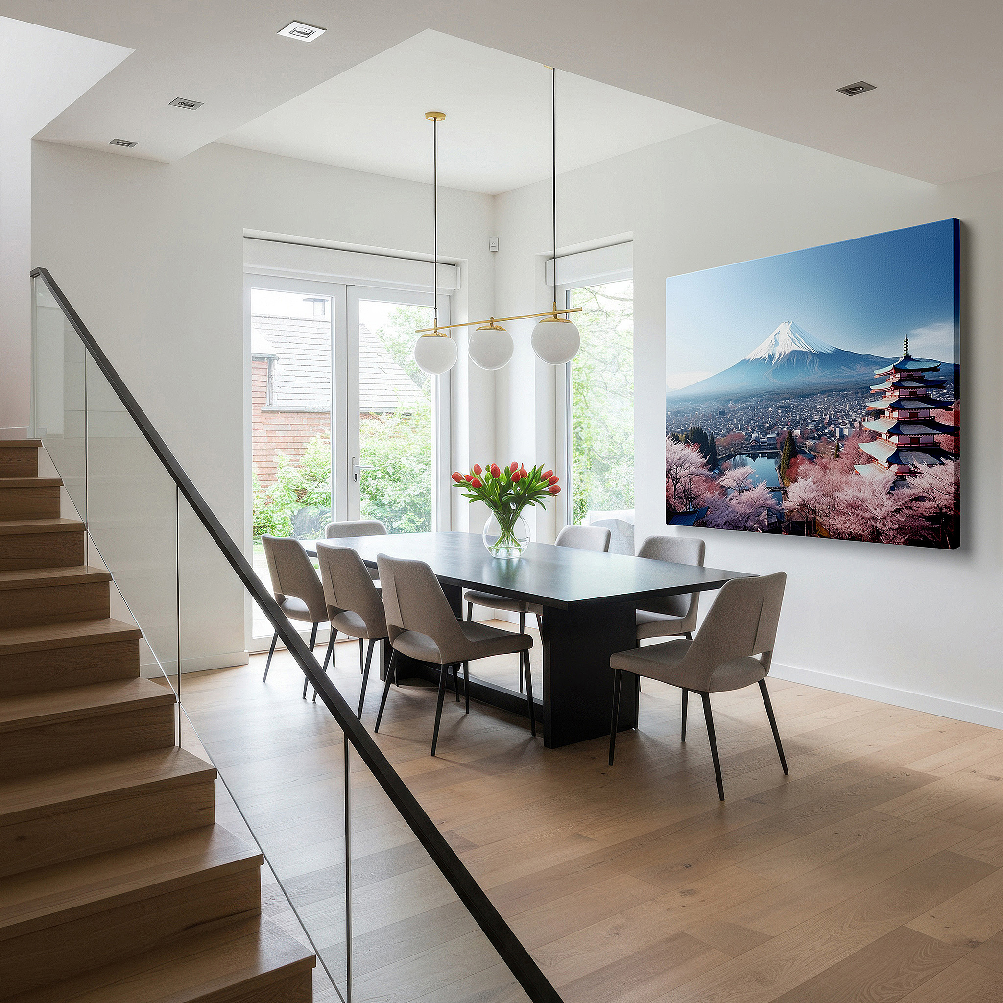 Gently illuminated by ambient lighting in an entryway — wall art: tranquil japanese spring scene featuring sakura in full bloom, mount fuji, and traditional pagoda - large canvas wall art for office decor