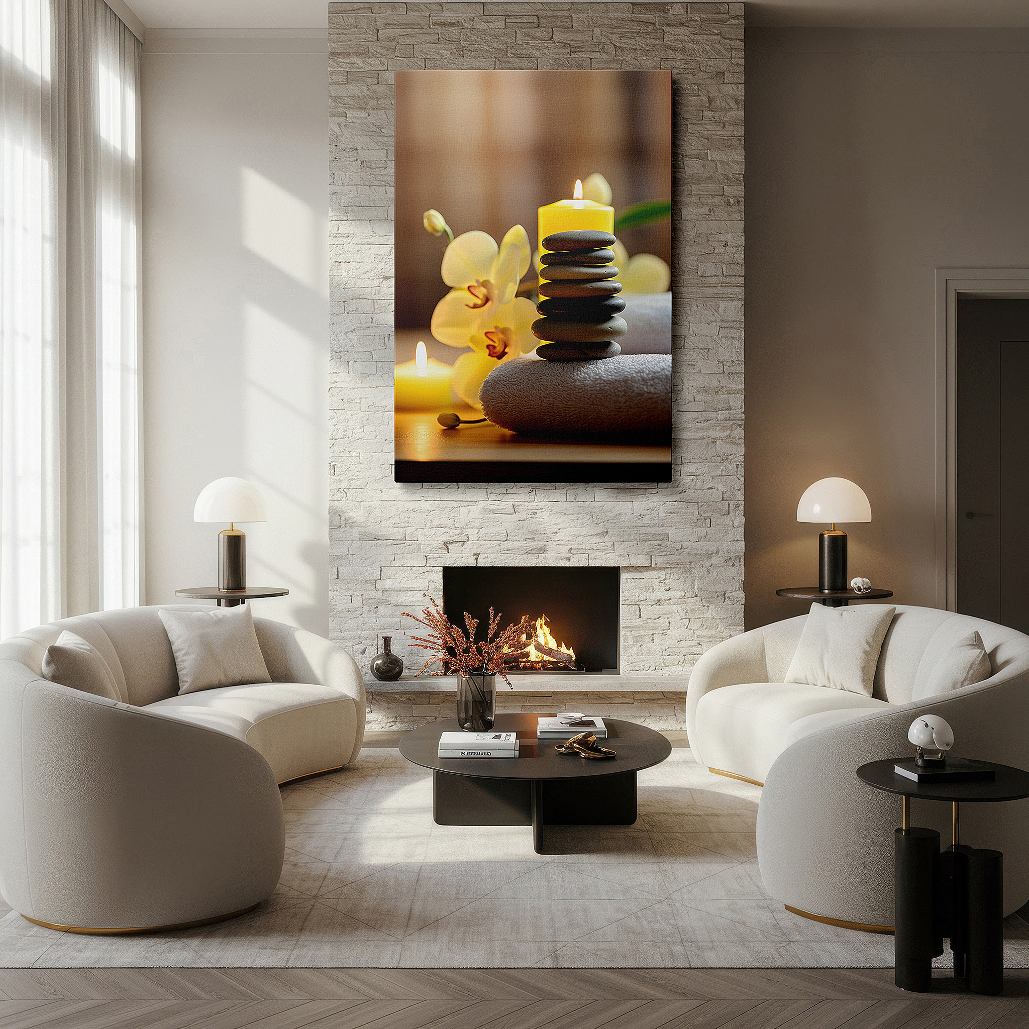 Gently illuminated by ambient lighting in an entryway — wall art: tranquil spa stones, graceful orchids, and gentle candlelight - a harmonious display of calm and serenity. large canvas wall art for home and office decor.