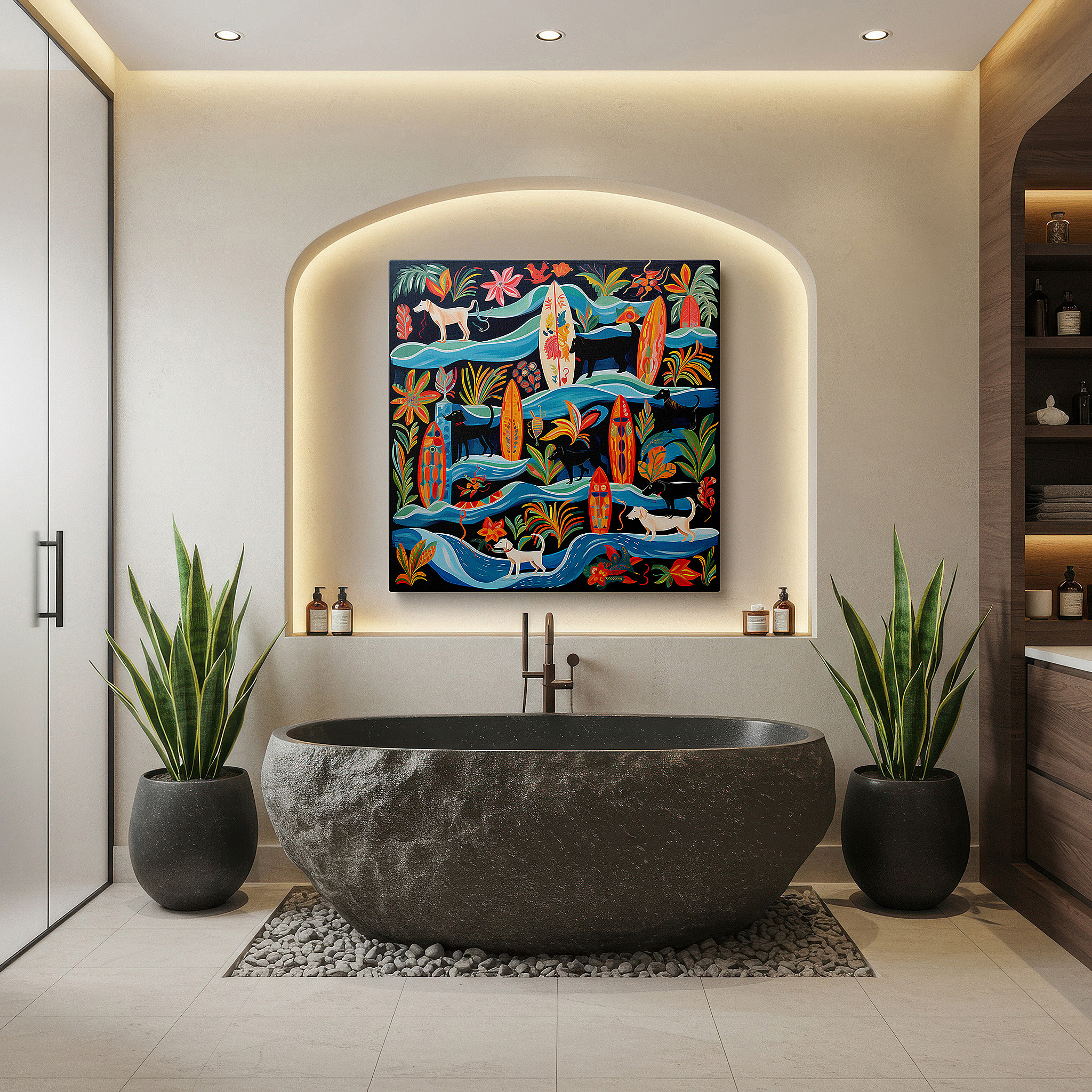 Gently illuminated by ambient lighting in an entryway — wall decor: cheerful dogs on a tropical beach featuring black labradors and vibrant surfboards - large canvas art for office and bedroom