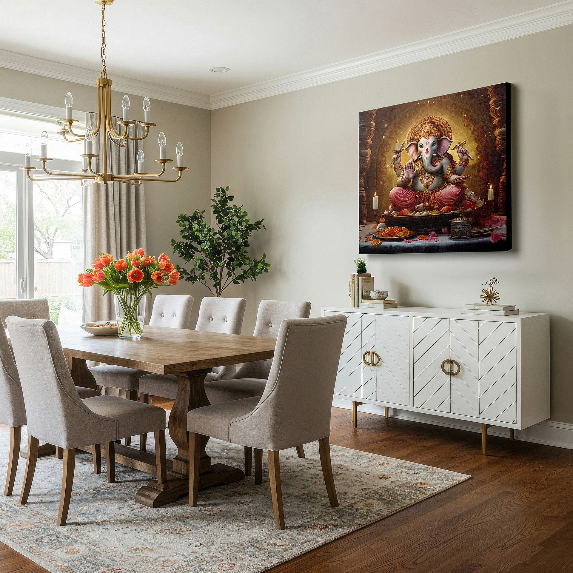Gently illuminated by ambient lighting in an entryway — wall decor: large canvas featuring lord ganesh, the remover of