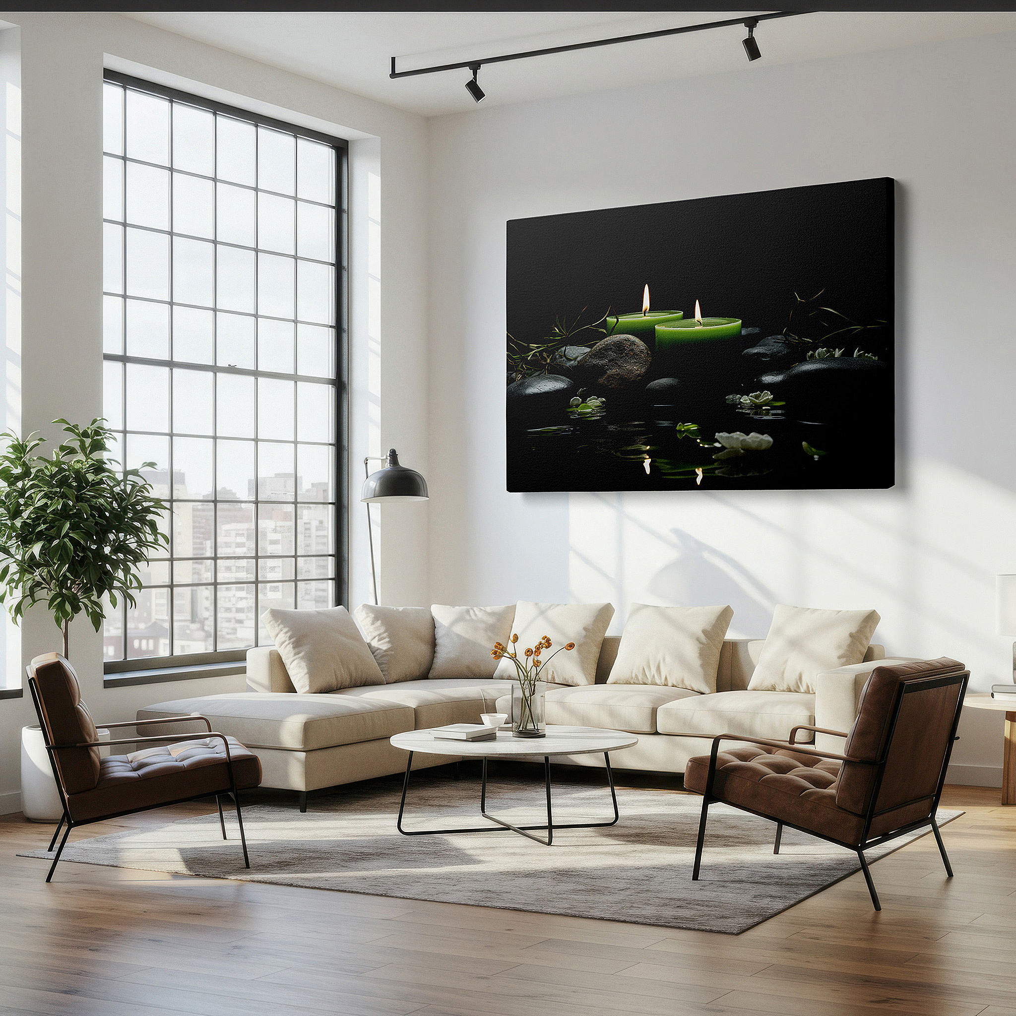 Gently illuminated by ambient lighting in an entryway — wall decor: serene green candles and black stones with blooms reflected on water - large canvas art for office and bedroom