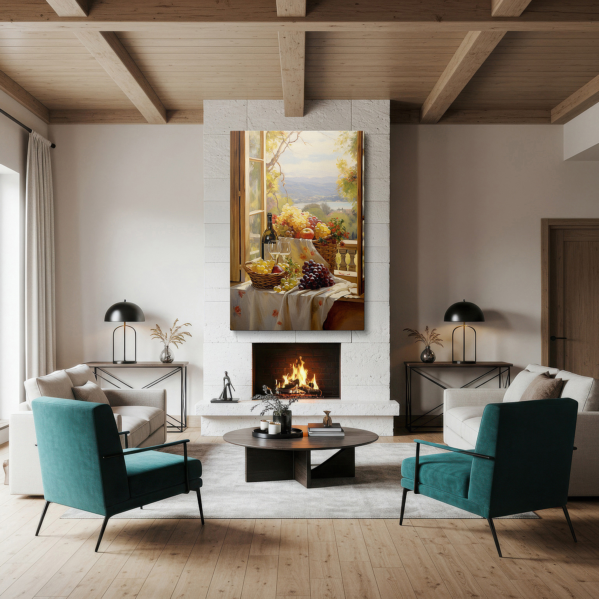 Gently illuminated by ambient lighting in an entryway — wall decor: sunlit serenity and rustic charm - a window to nature's tranquil beauty and bountiful harvest. large canvas wall art for home and office decor.