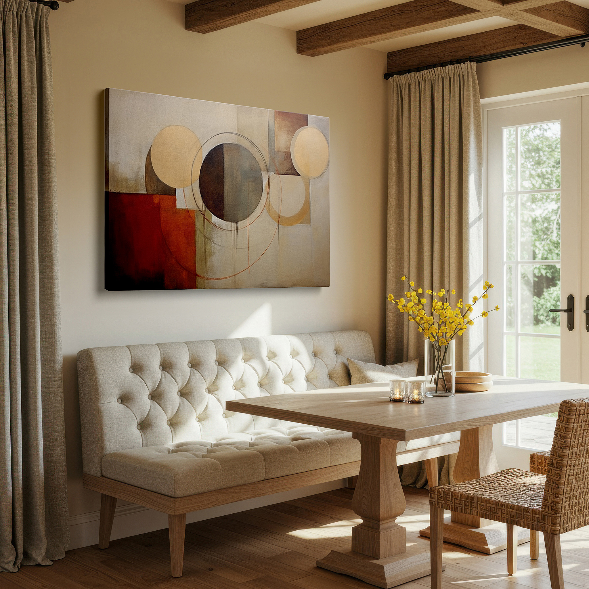 Gently illuminated by ambient lighting in an entryway — warm toned geometric shapes large wall art, canvas decor for office, bedroom, and living room