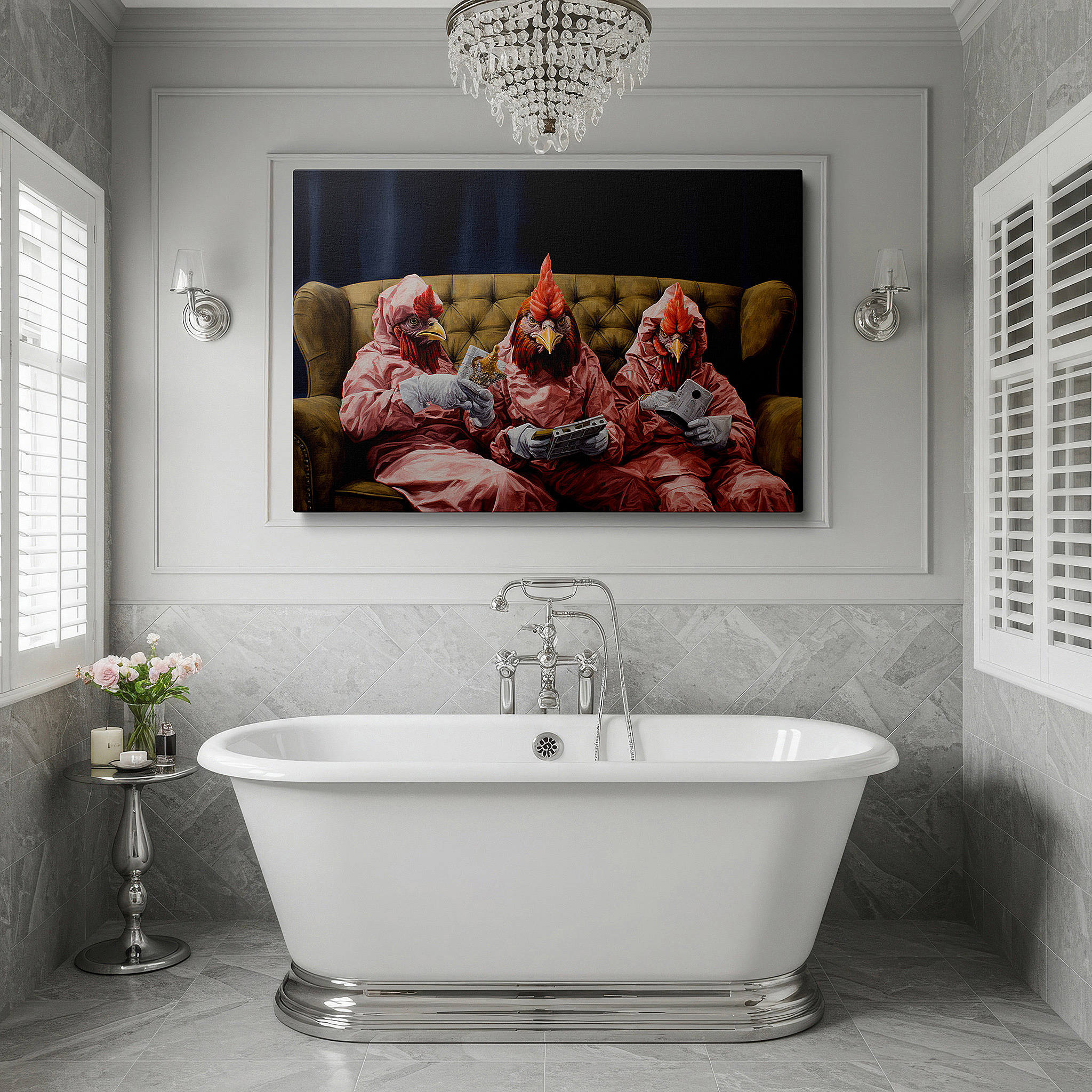 Gently illuminated by ambient lighting in an entryway — whimsical chickens in pink pajamas playing video games - large canvas wall art for office, bedroom, and living room decor