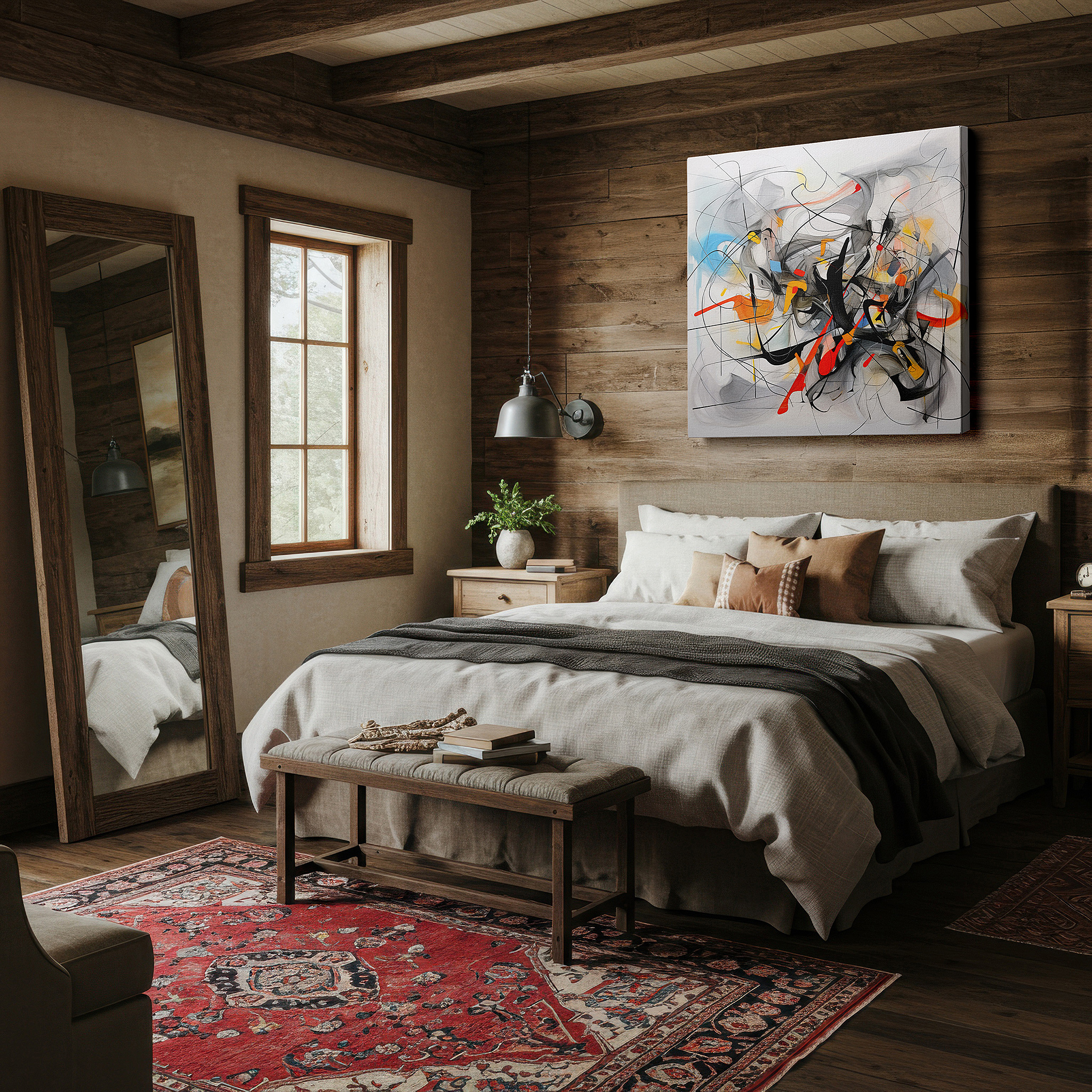 Hung in a cozy reading nook beside a floor lamp and bookshelf — abstract design symphony: colorful and dynamic large wall art for offices, bedrooms, and living rooms